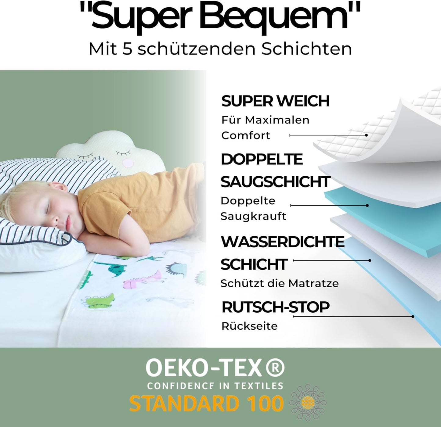 Wasserdichte Bettunterlage für Einzel- & Jugendbetten, Dino, Dino - Gross (Bis 140 Cm Breite) 1er-Pack