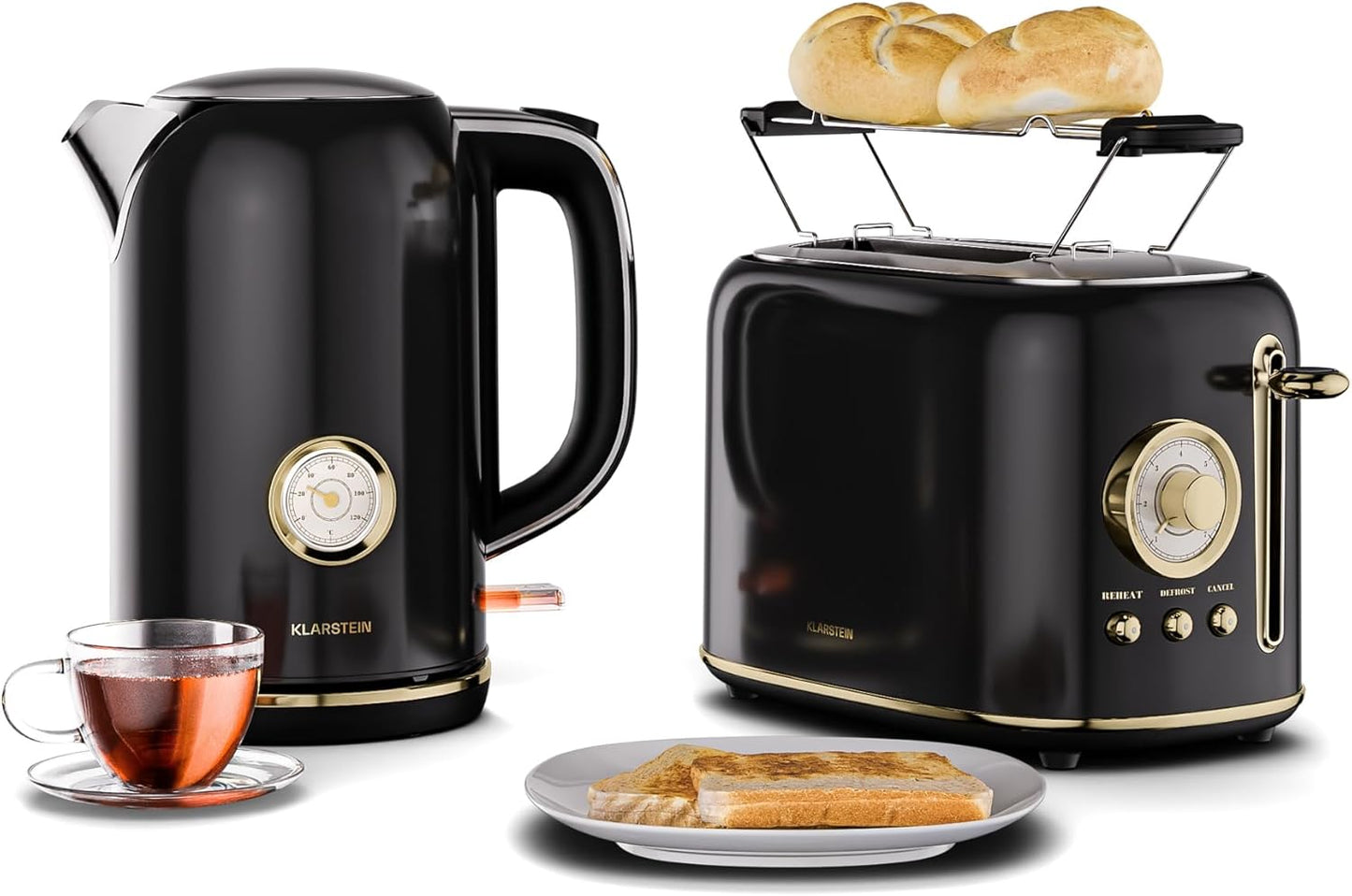 Retro Frühstücksset: Toaster & Wasserkocher-Set, Schwarz Toaster + Wasserkocher