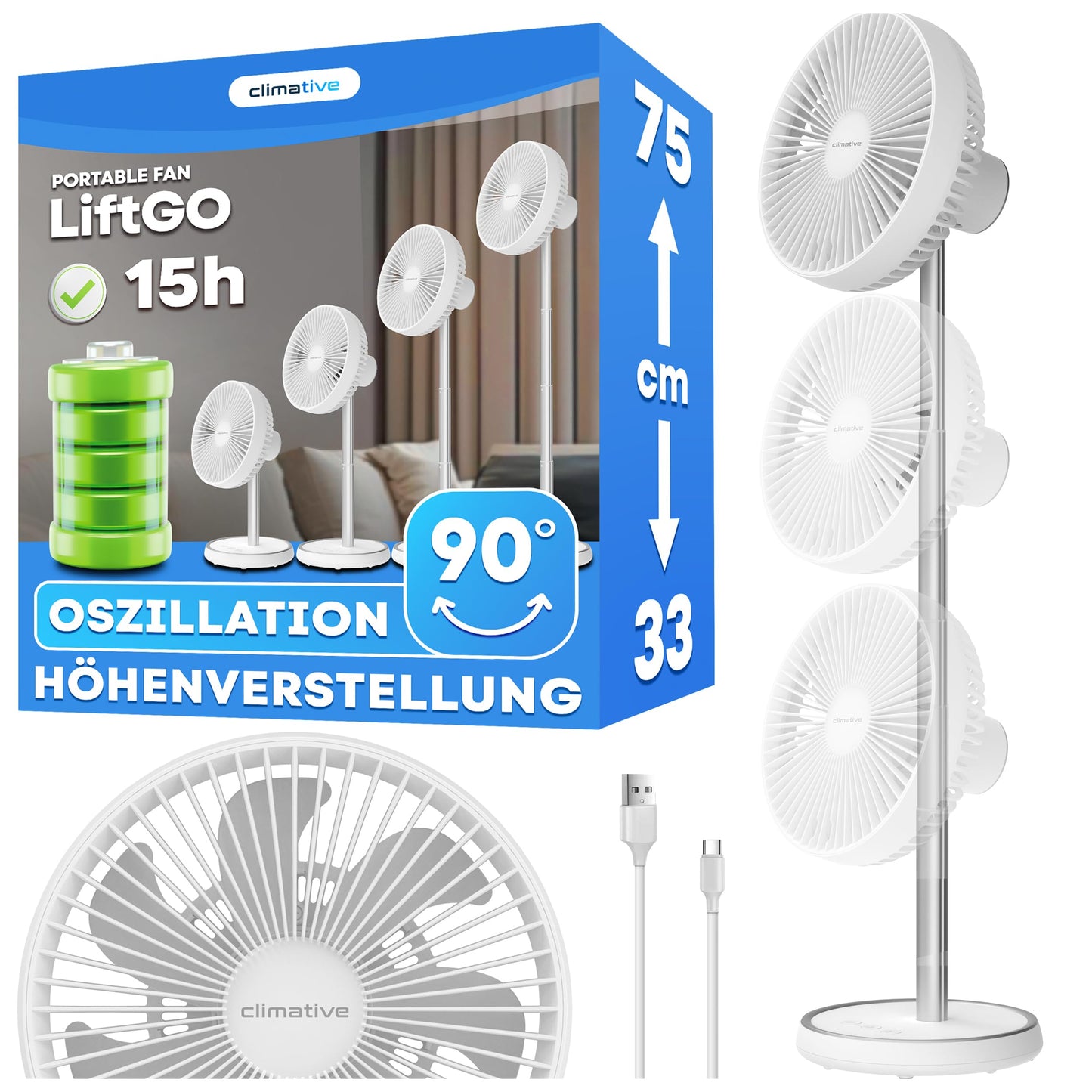 Leiser Akku Tischventilator, Weiss 20 cm
