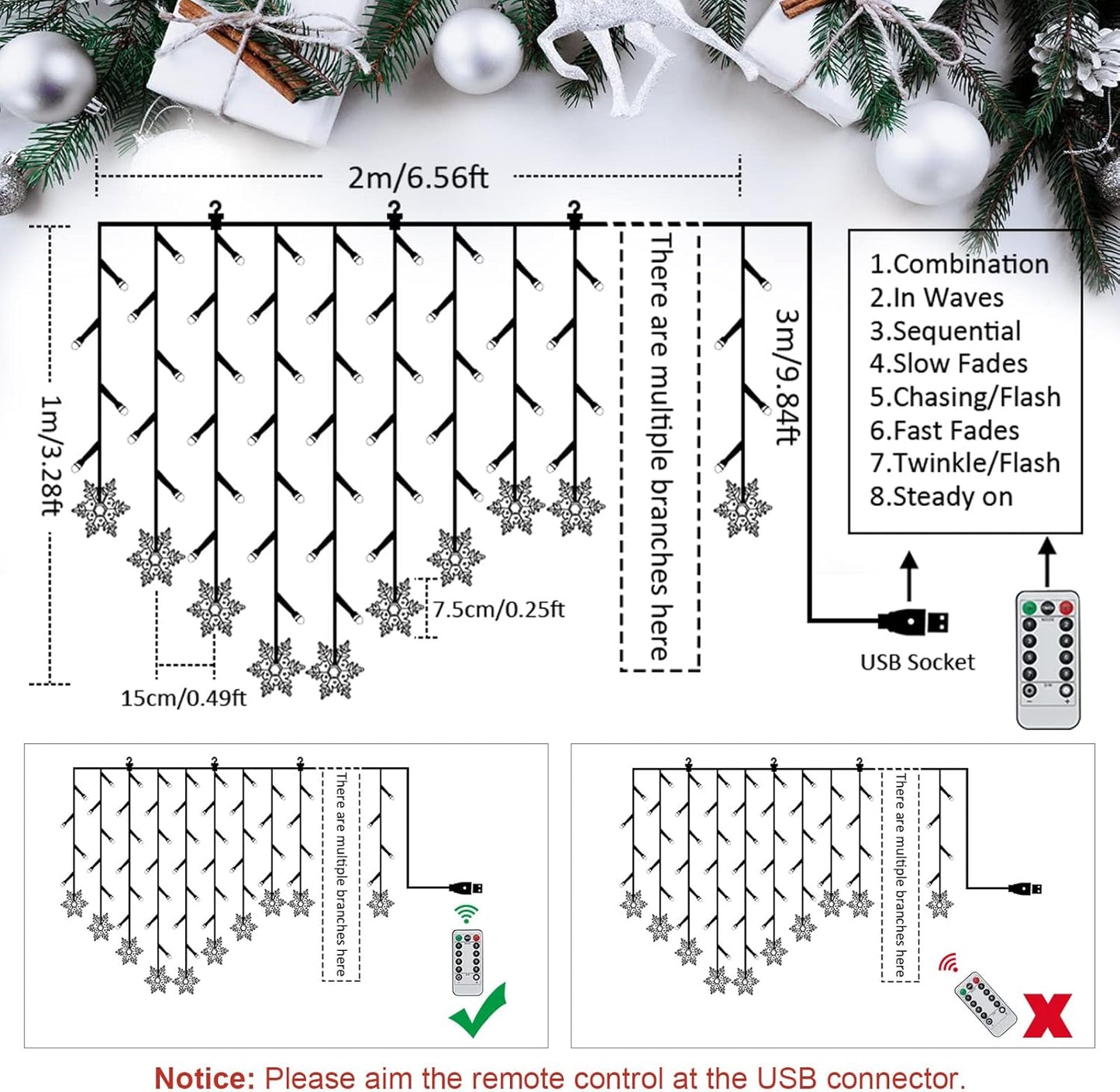 Lichtervorhang mit Schneeflocken-Motiv, 2x1m, 104 LEDs, Kaltweiss-schneeflocken