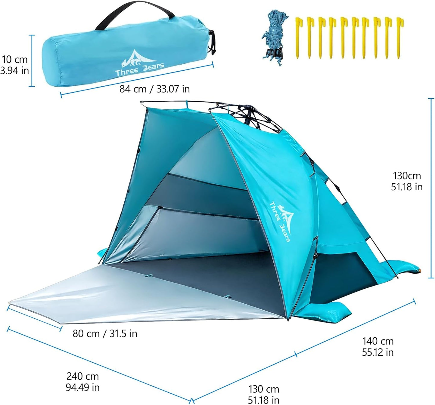 Pop-Up-Strandzelt UV-Schutz LSF 50+ für 3-4 Personen, Blau