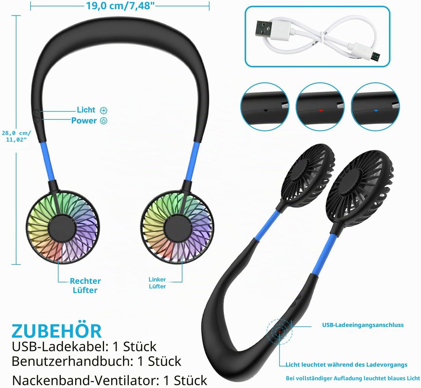 Nackenventilator SF-019, wiederaufladbar, 3 Stufen, Schwarz Blau