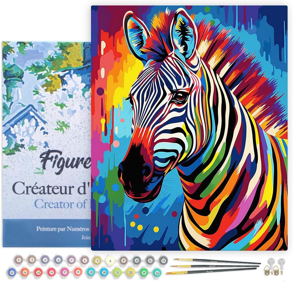 Malen nach Zahlen - Abstraktes farbenfrohes Zebra, Zebra Farbenfroh Abstrakt 40x50cm Mit Rahmen (bereits gespannt)