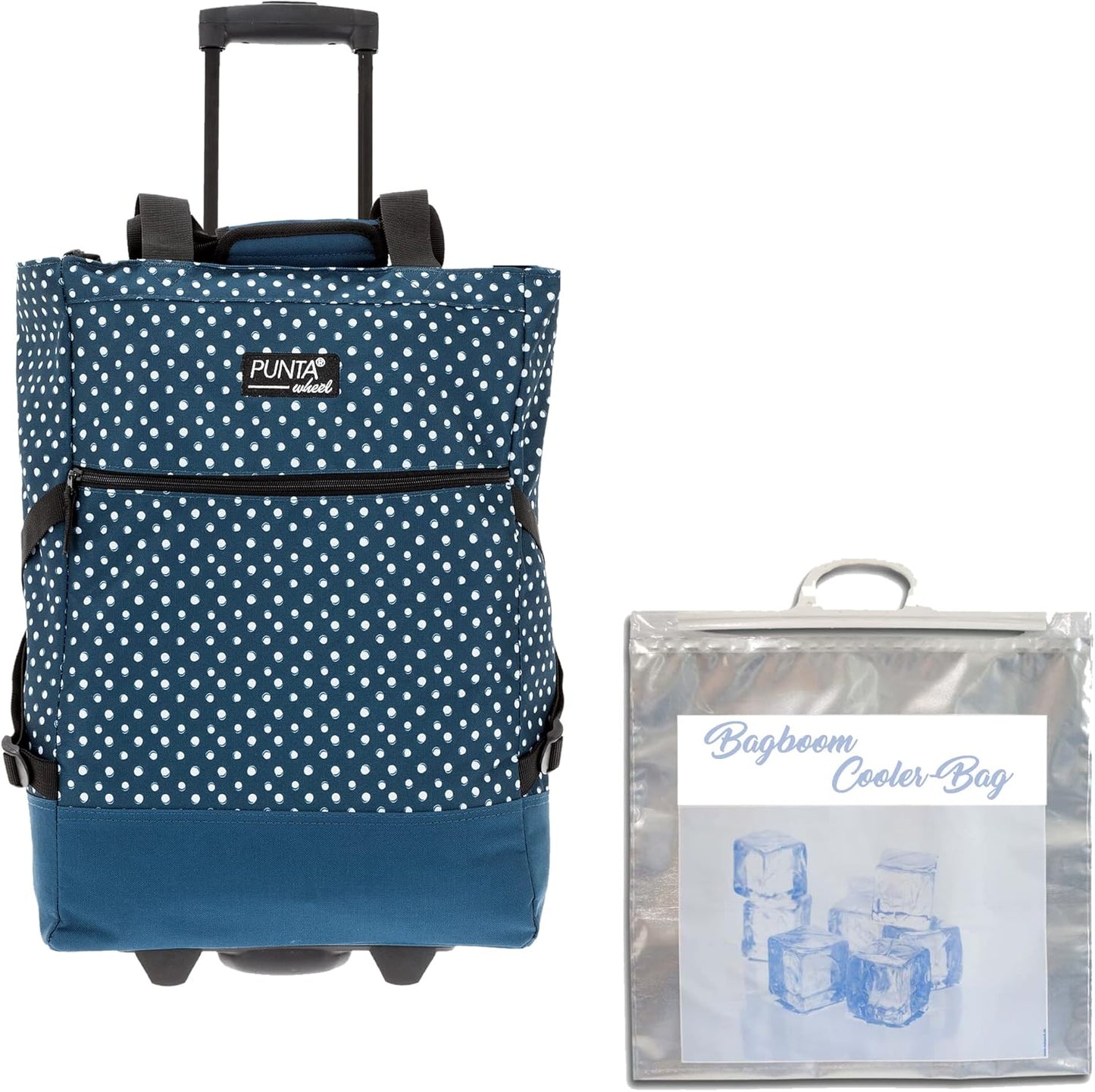 Wheel Einkaufstrolley faltbar mit Thermo-Kühltasche (35L), Blue Dots 10008 5020 + Bagboom Tasche