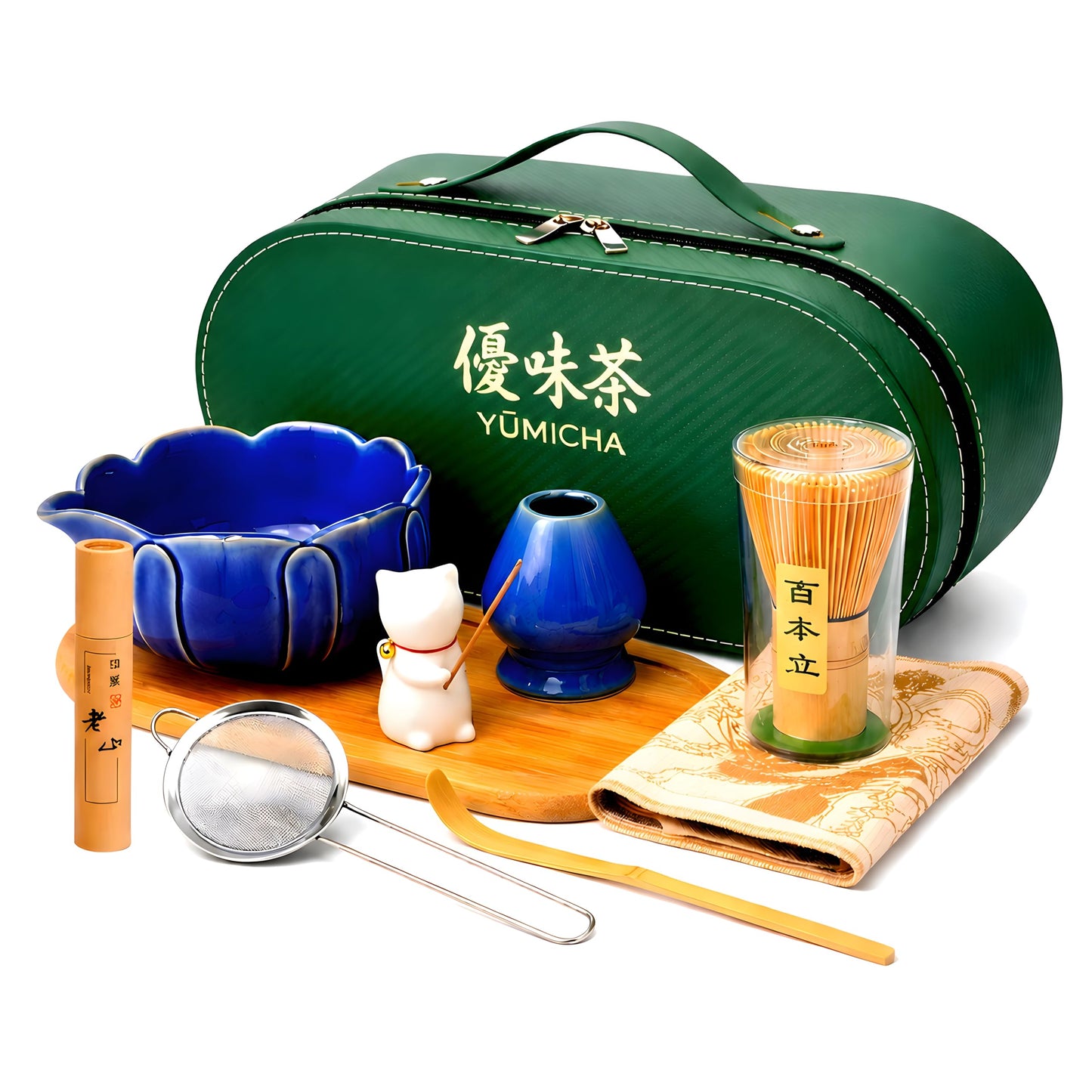 10-teiliges Matcha-Set, Tasche Grün/Service Blau 10