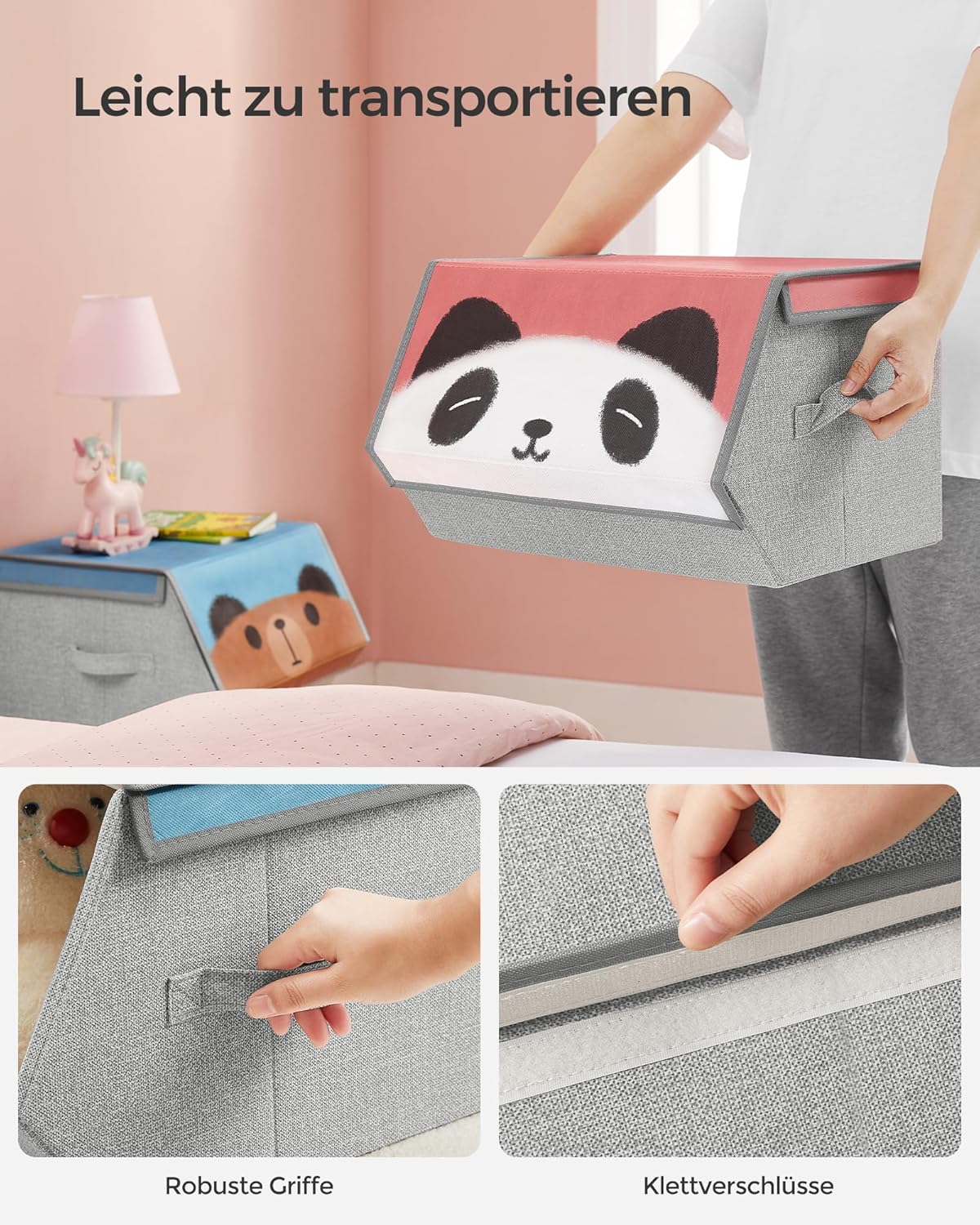 Faltbare Aufbewahrungsboxen mit Tiermotiven, 3er-Set, Panda-, Bär-, Schwein-Motive