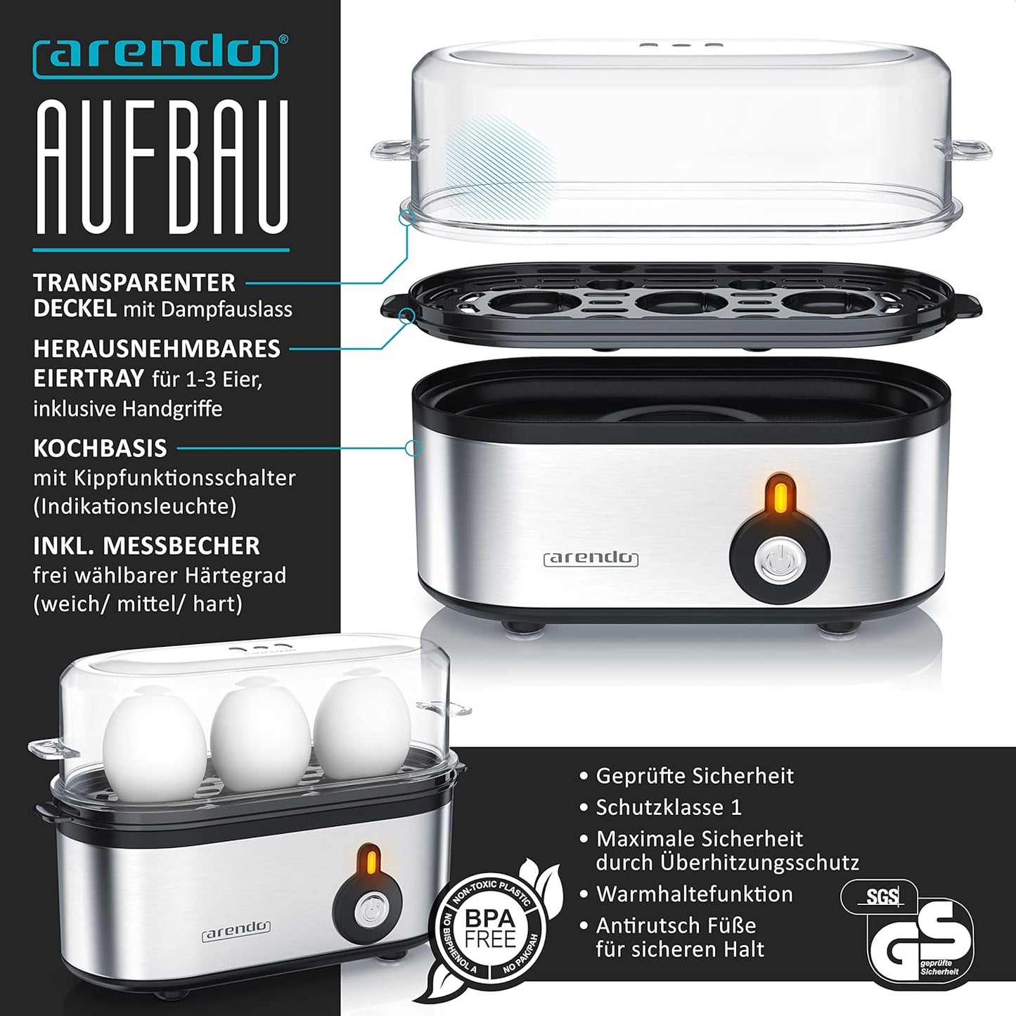 Frühstücks-Set: Wasserkocher, Toaster und Eierkocher, B: Silber Edelstahl