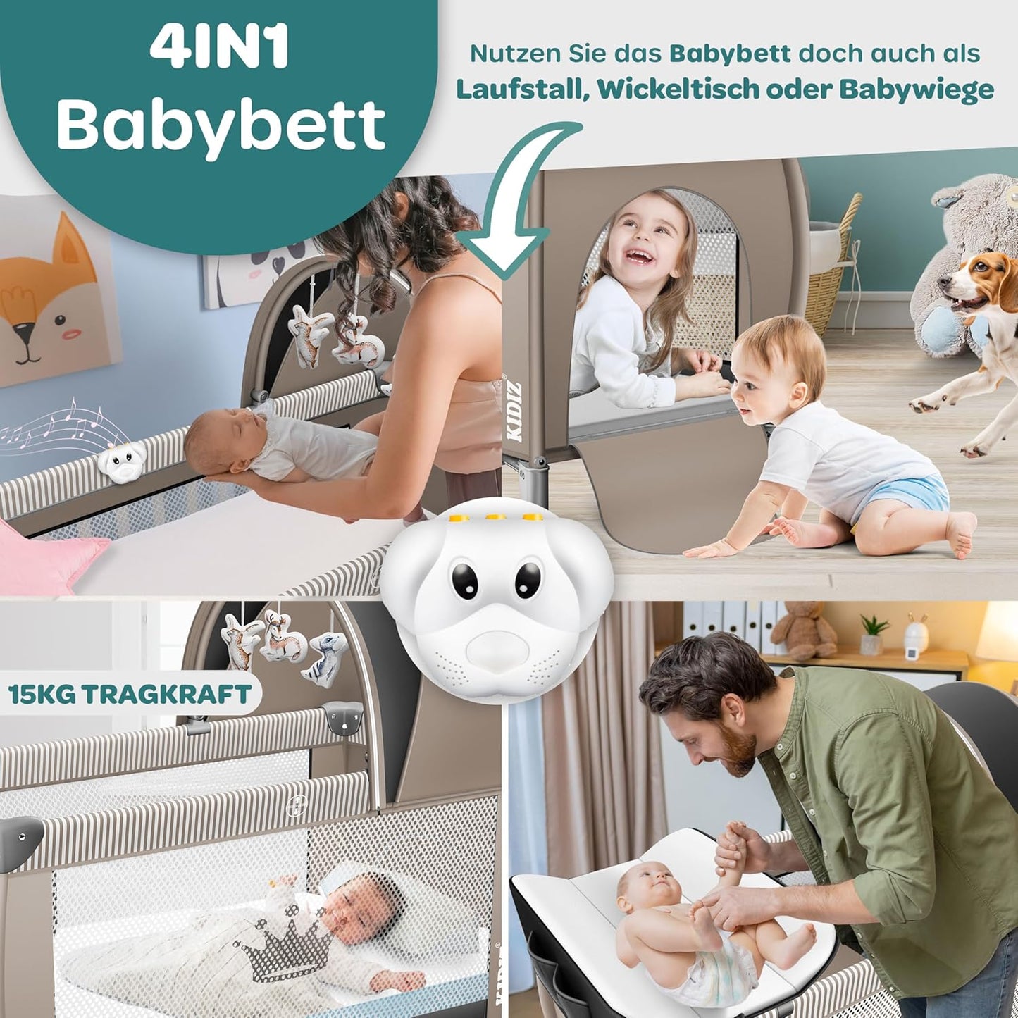 Klappbares Reisebett mit Matratze & Zubehör, Schwarz / Beige