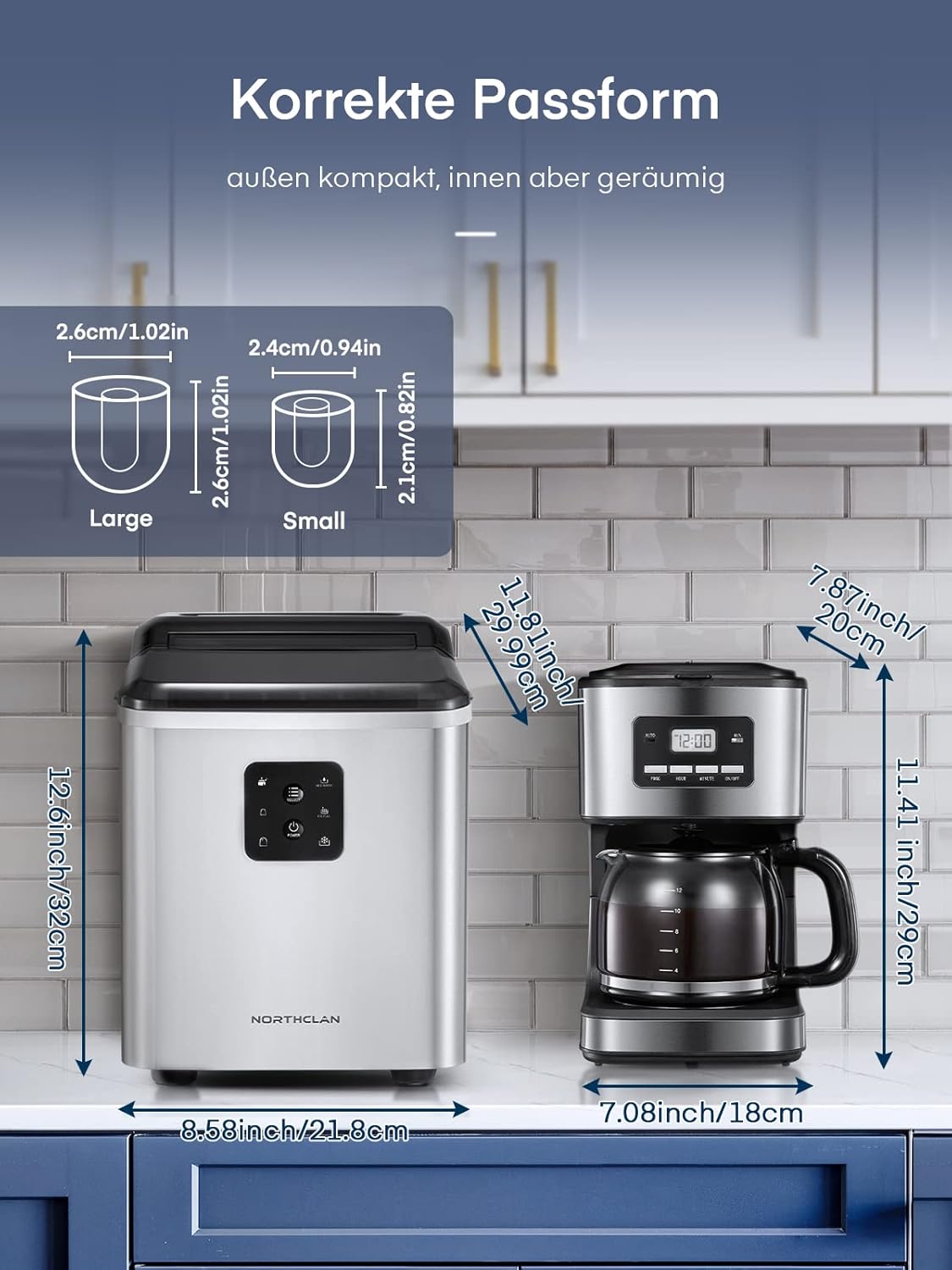 Eiswürfelmaschine mit 2 Eiswürfelgrössen, Silber