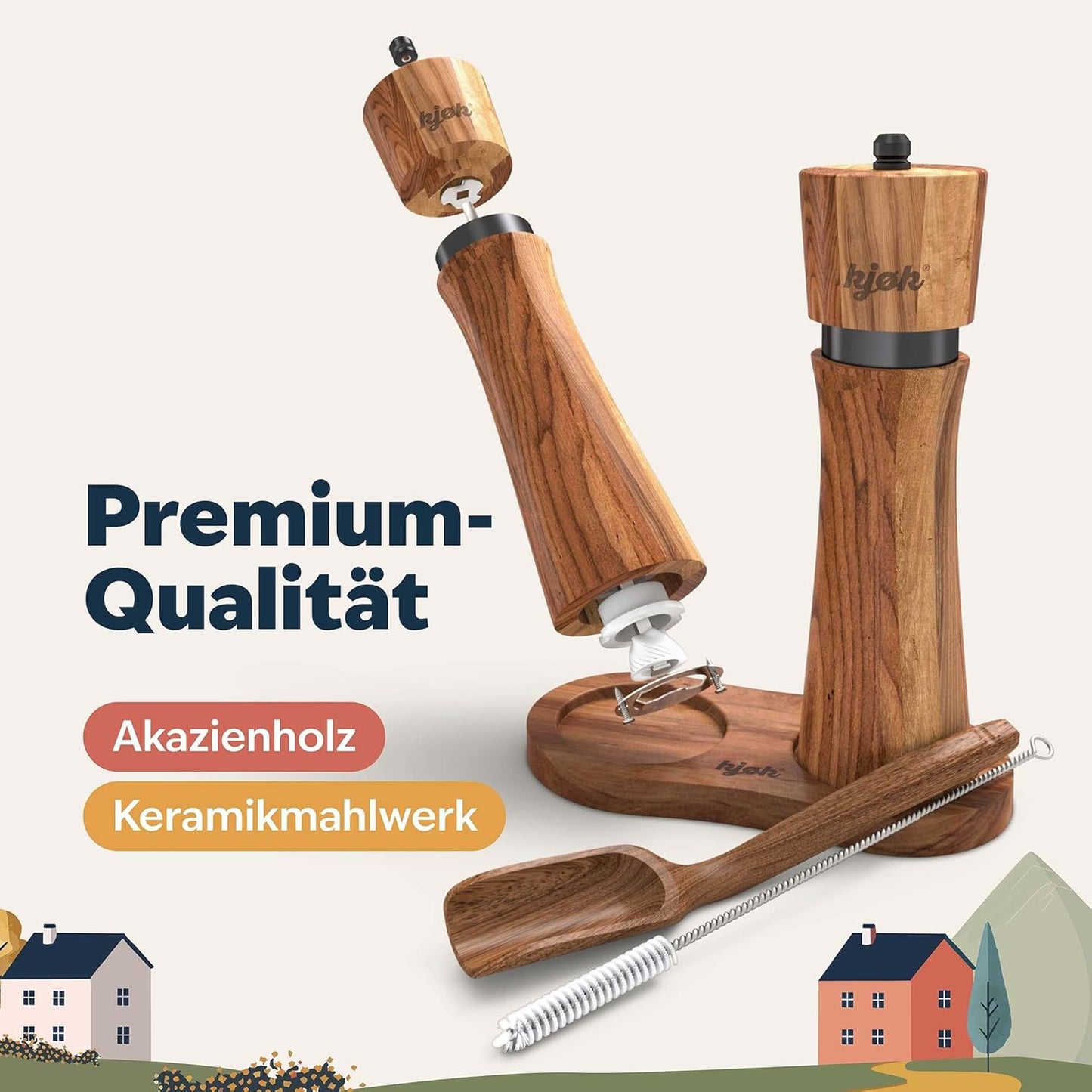 Salz- und Pfeffermühle mit Reinigungsbürste und Einfülllöffel, Kjøk Salz- & Pfeffmühle Akazienholz