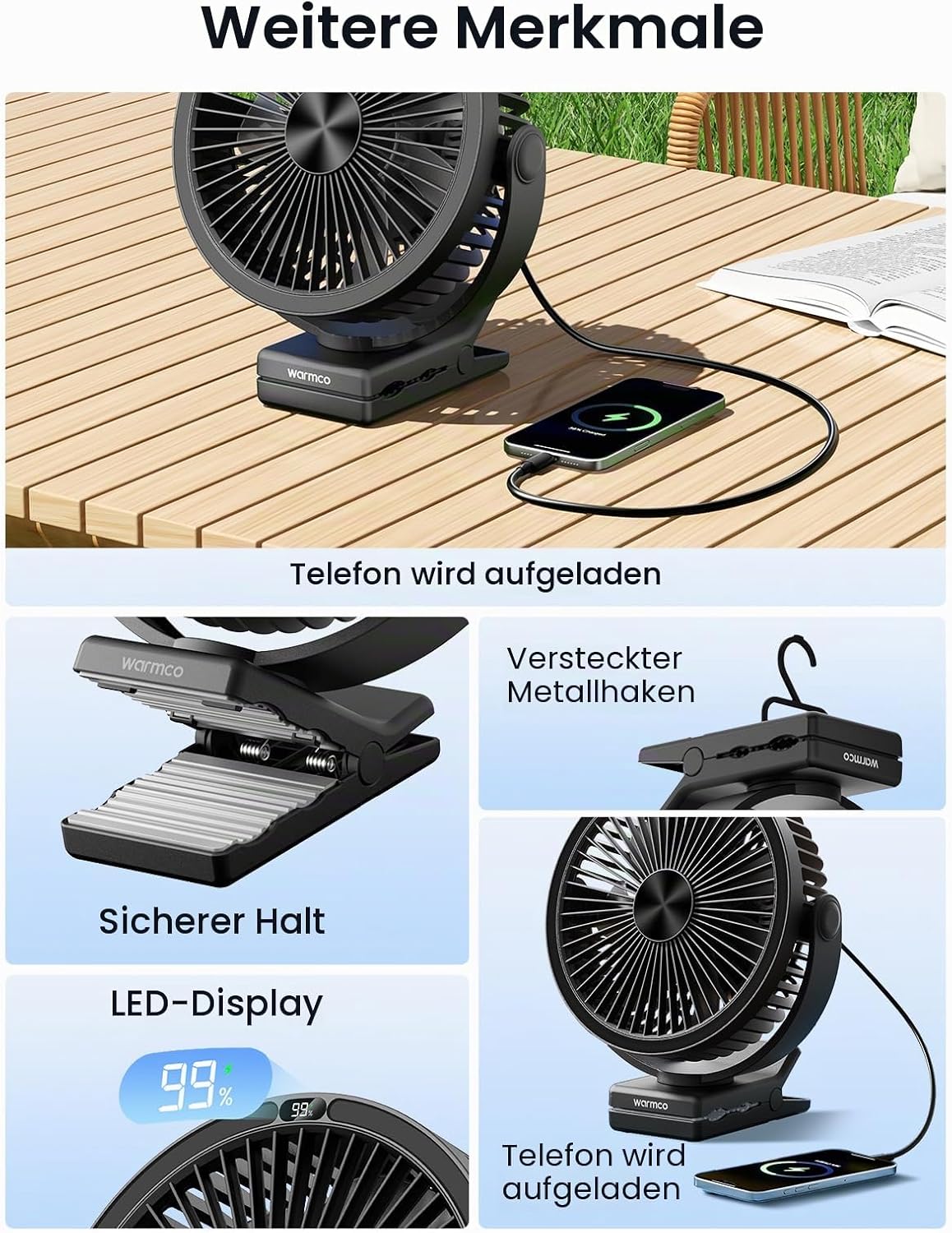 Tragbarer Tischventilator DJ10 mit 720° Drehung & LED-Licht, 10000mAh