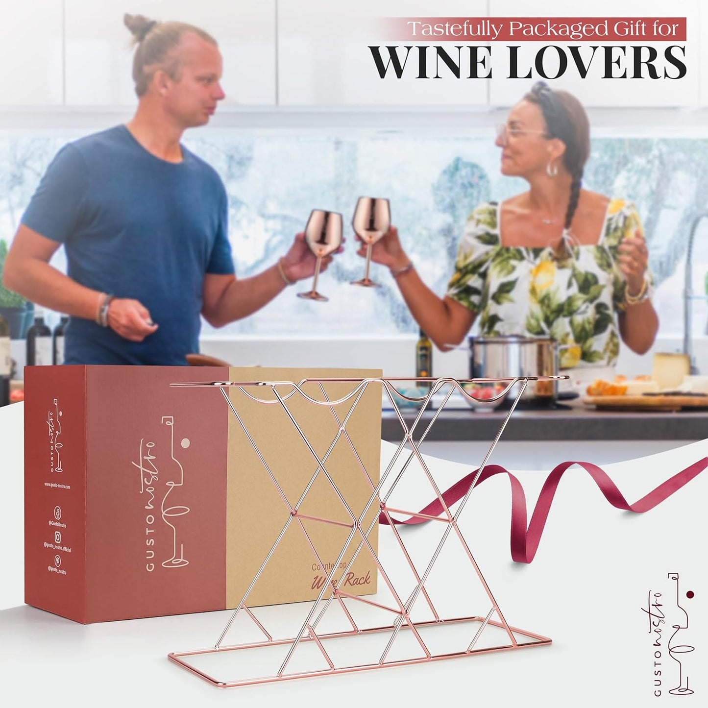 Weinregal mit Weinglashalter für 8 Flaschen & 4 Gläser, Roségold 8 Flaschen