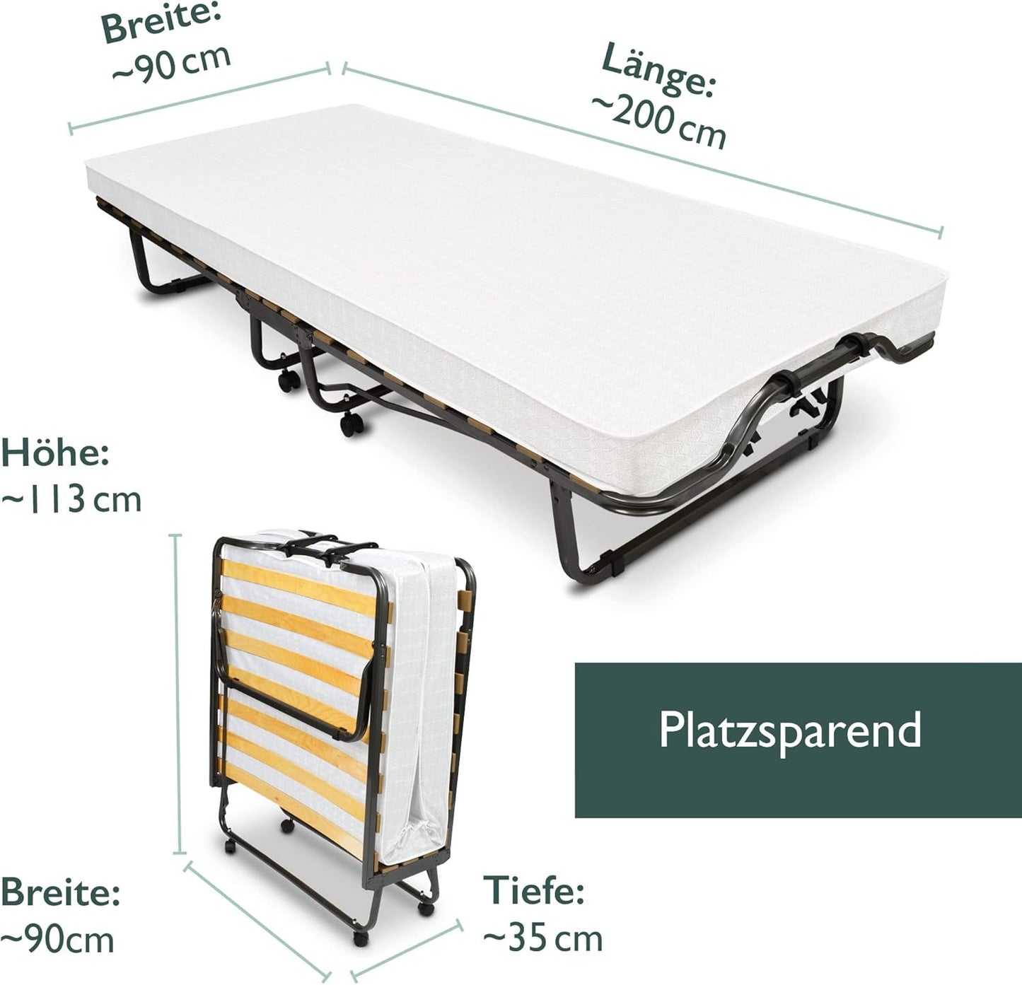 Klappbares Gästebett mit Schaumstoffmatratze, 90x200 cm|Weiss