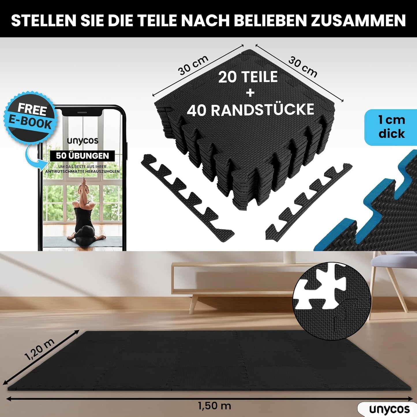 Bodenschutzmatte Puzzlematte Set (12/20/28 Teile), #05 Schwarz 30 x 30 x 1 cm