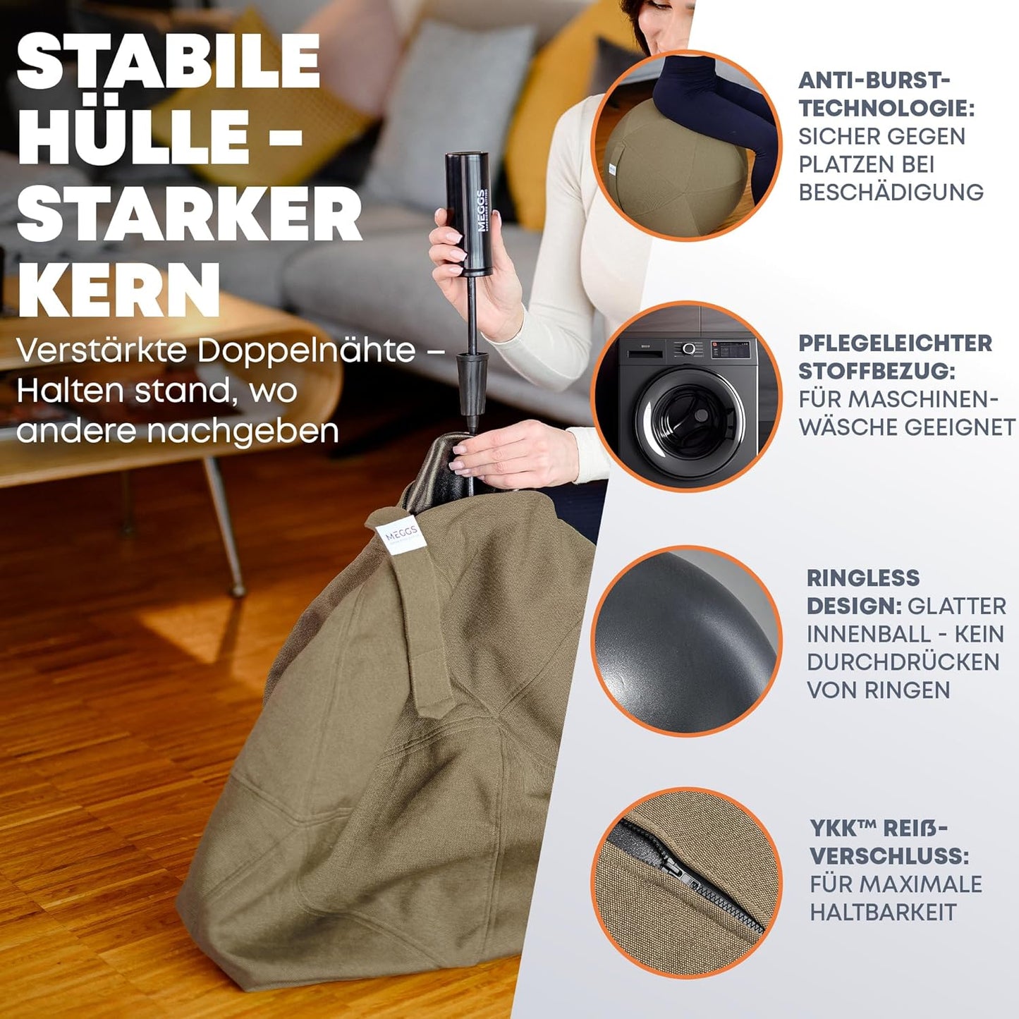 Ergonomischer Sitzball mit Stoffbezug, Cappuccino-braun 65 cm