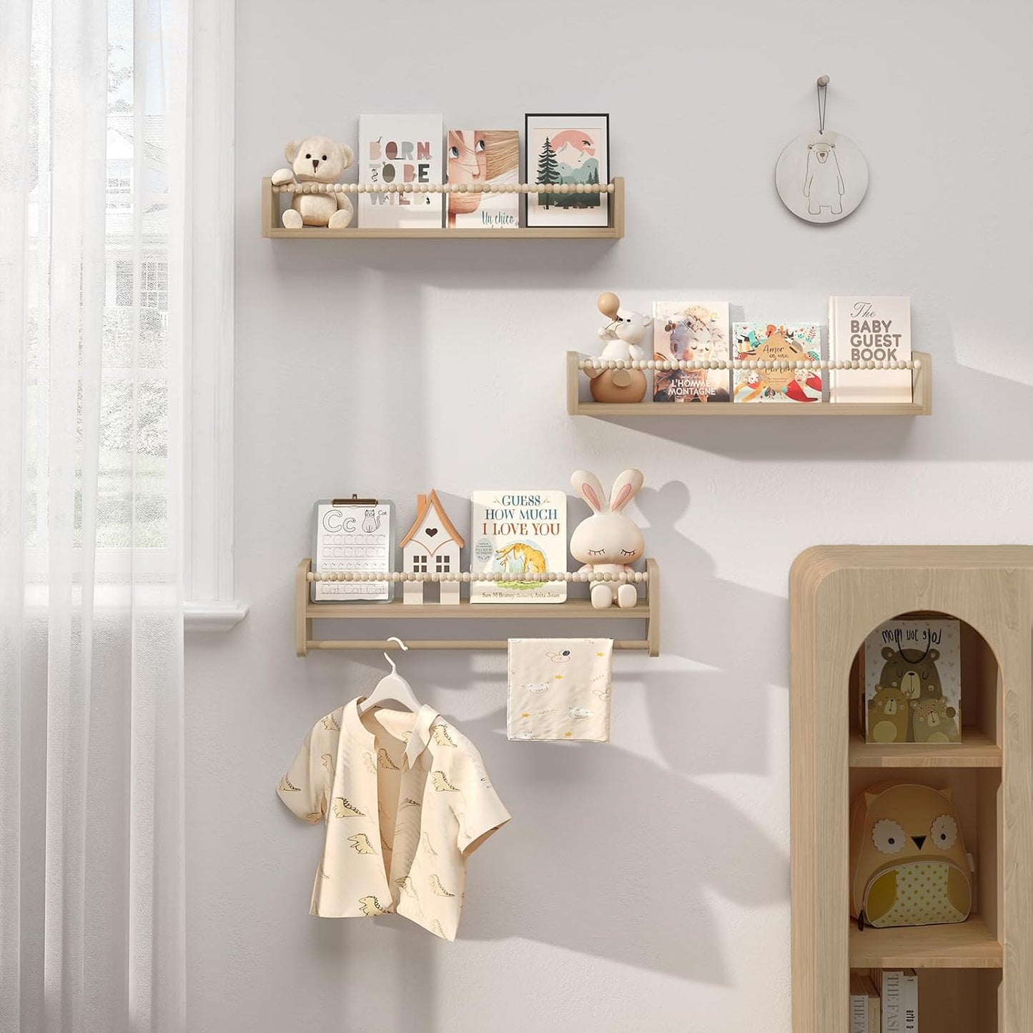 Kinder Bücherregal Wand 3er-Set aus Massivholz, 60 x 15 x 14 cm Naturholzfarbe