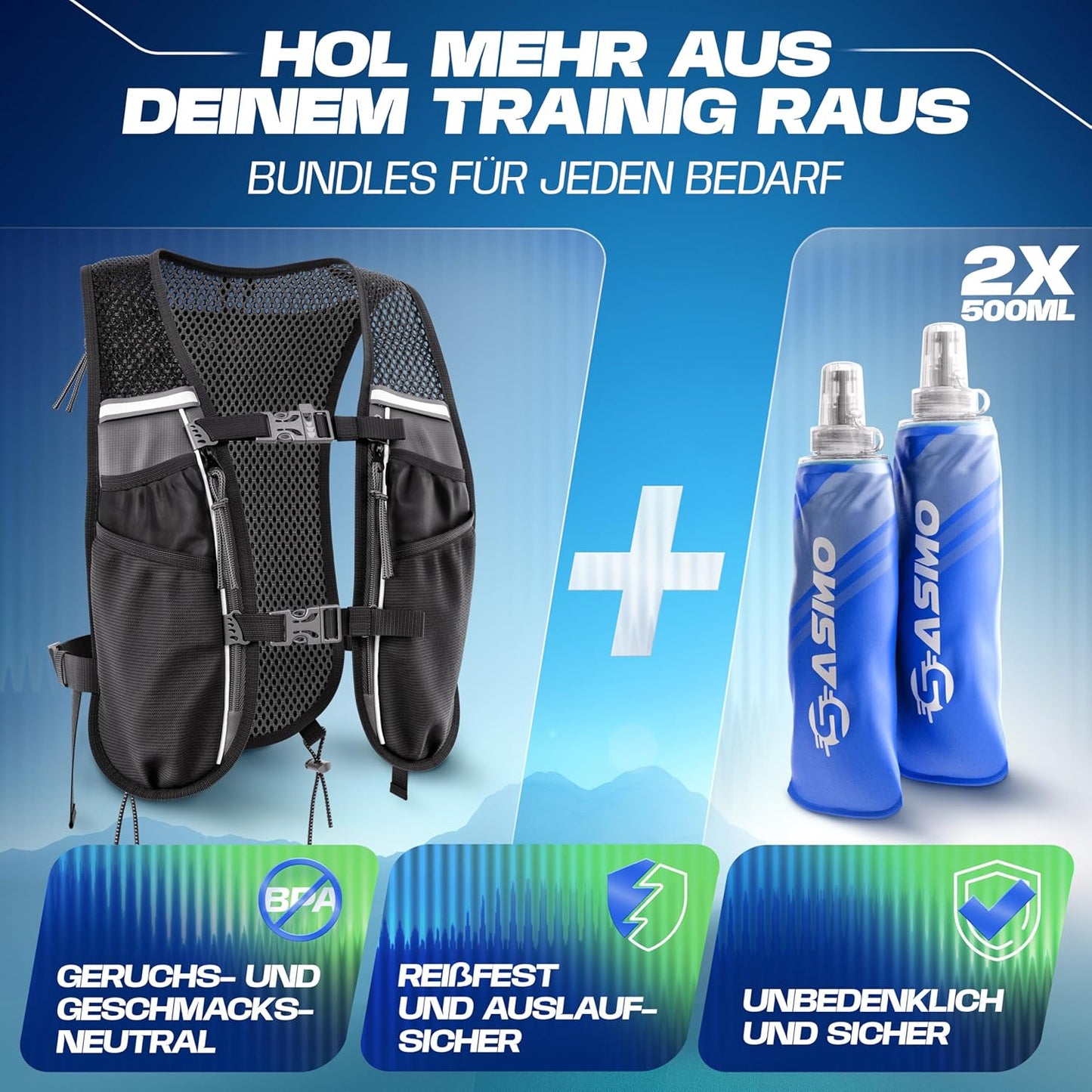 Laufweste mit Trinkflaschen (5L, 8 Taschen), 5L - schwarz - mit 2x500ml 5L