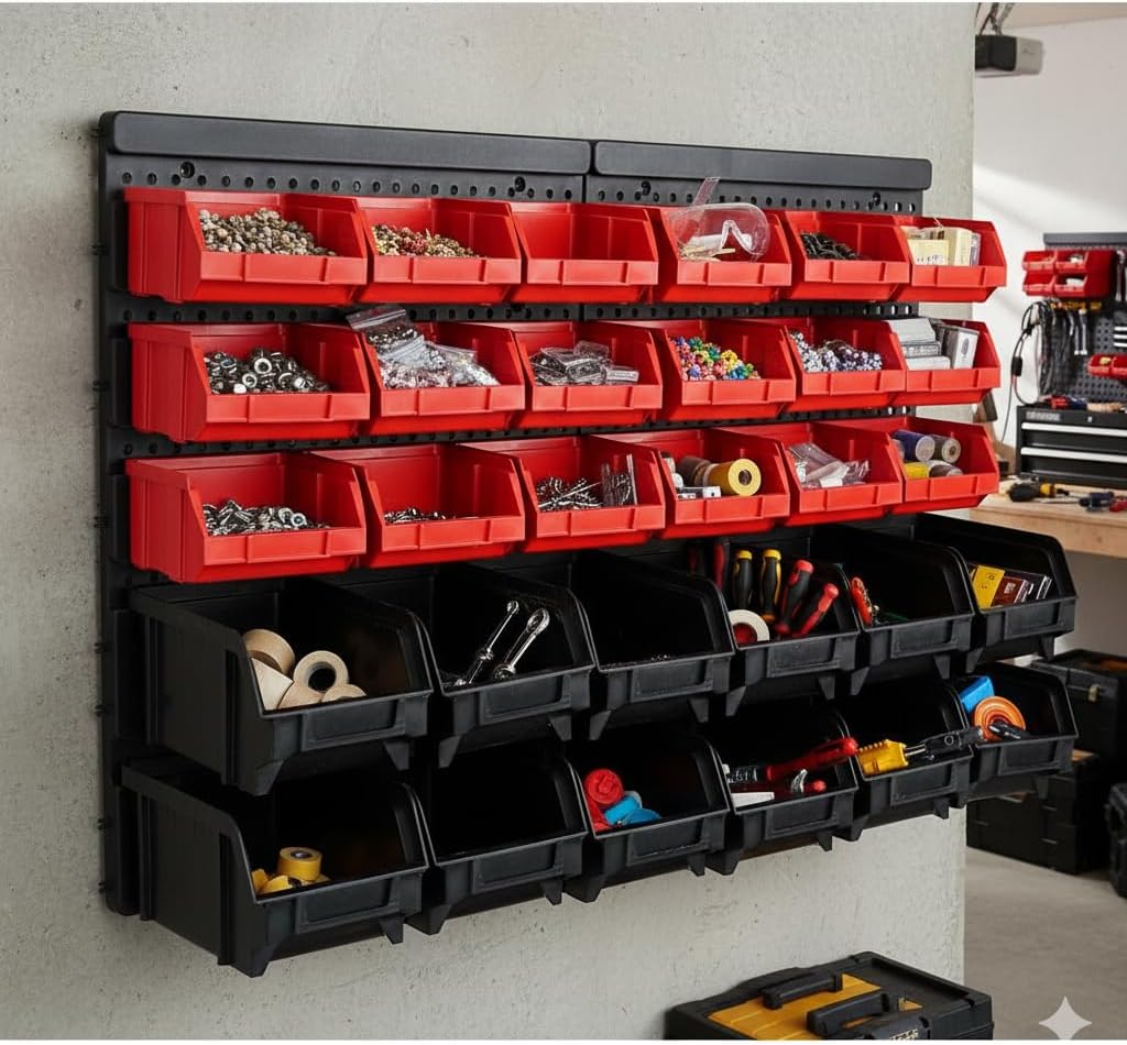 Werkstatt-Wandregal-Set mit 30 Stapelboxen