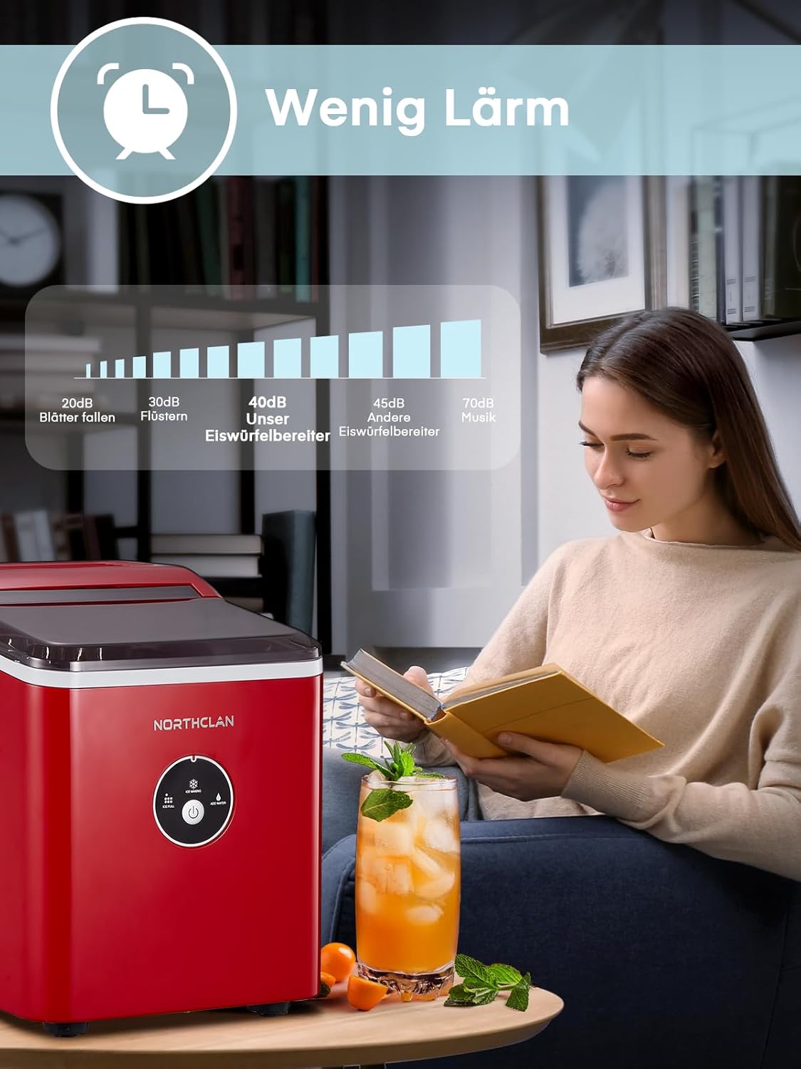 Eiswürfelmaschine mit 14 kg Kapazität, leise und kompakt, Light Grey