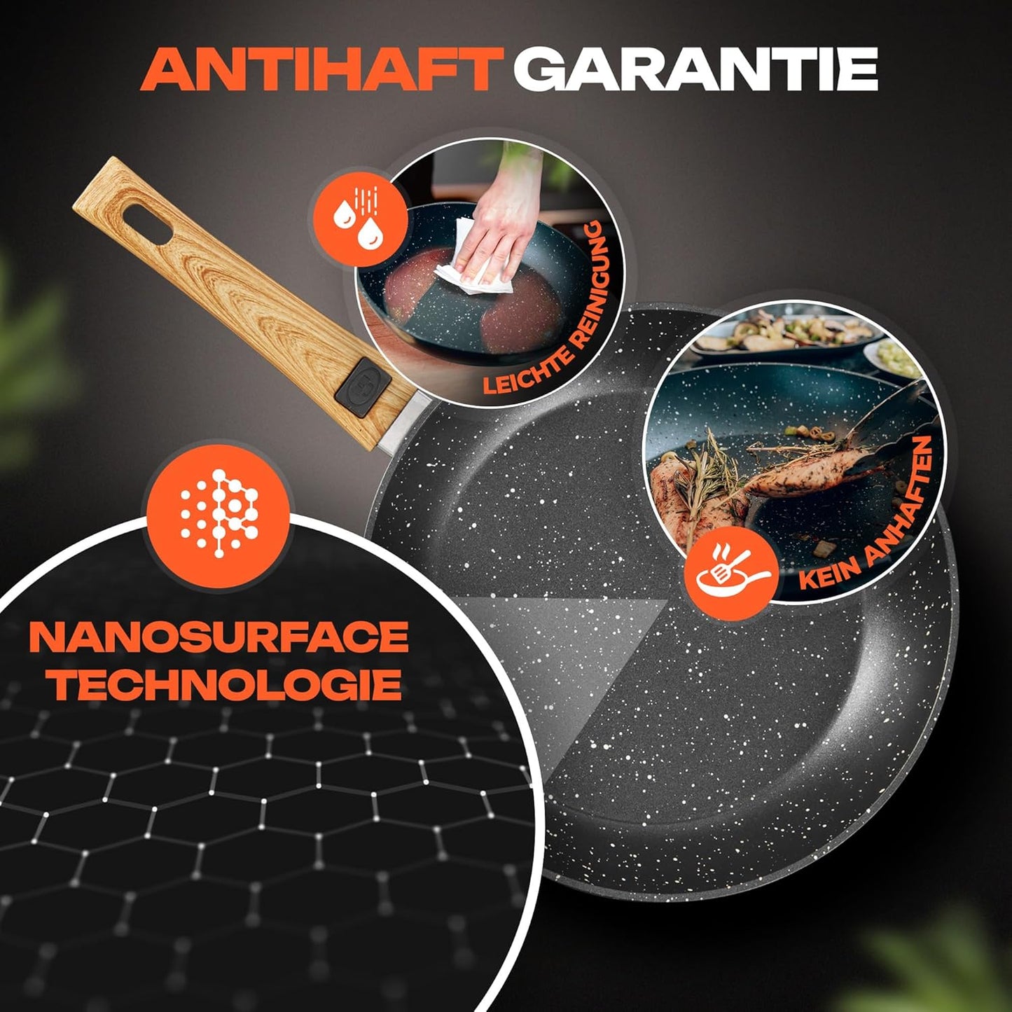 3-teiliges Pfannenset mit abnehmbarem Griff, Set 20 cm, 24 cm, 28 cm