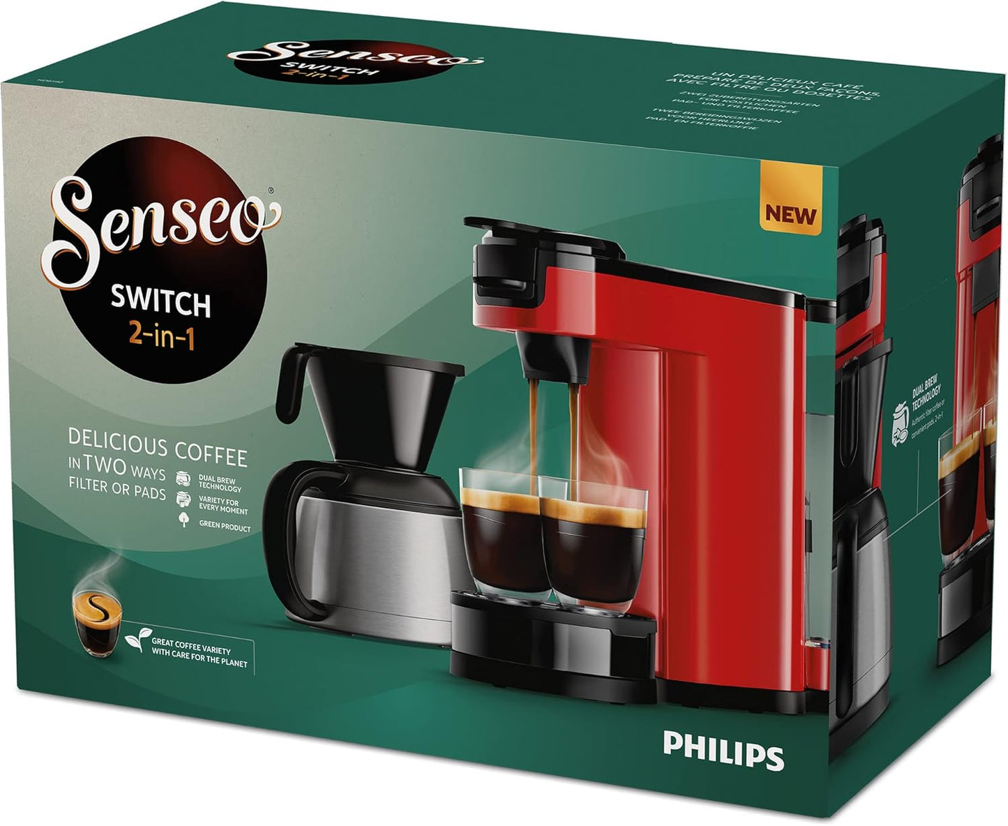 Senseo Switch 2-in-1 Pad- und Filterkaffeemaschine, Monzarot
