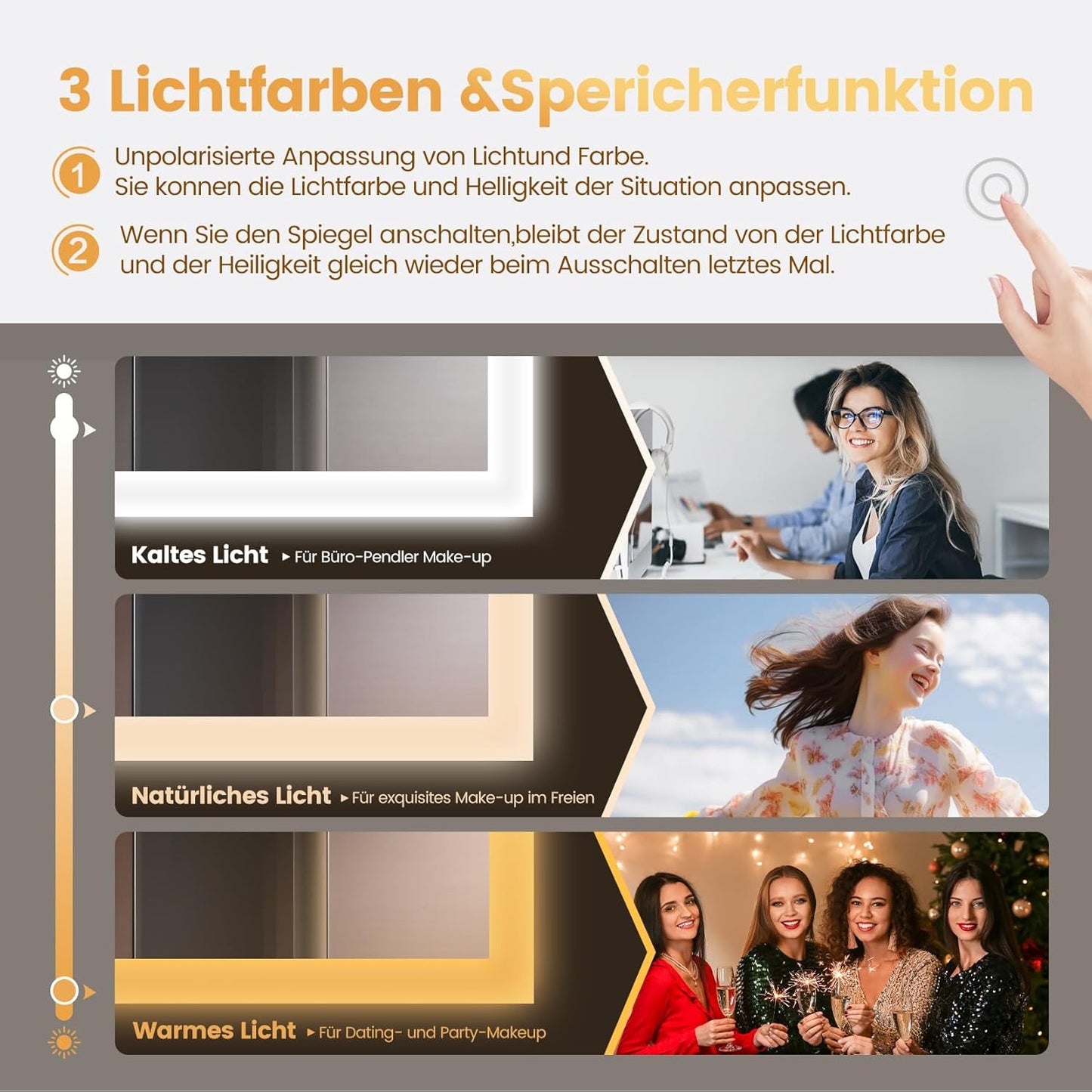LED Badspiegel mit Bluetooth und Steckdose (100x60cm), Bluetooth+ Steckdose+ Beschlagfrei+ 3 Lichtfarbe 60L x 100B cm