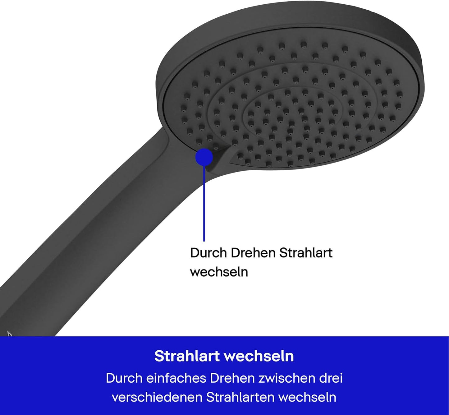 Wassersparender Duschkopf mit 3 Strahlarten, Schwarz Matt 3 Strahlarten-Drehscheibenbedienung-Wassersparend