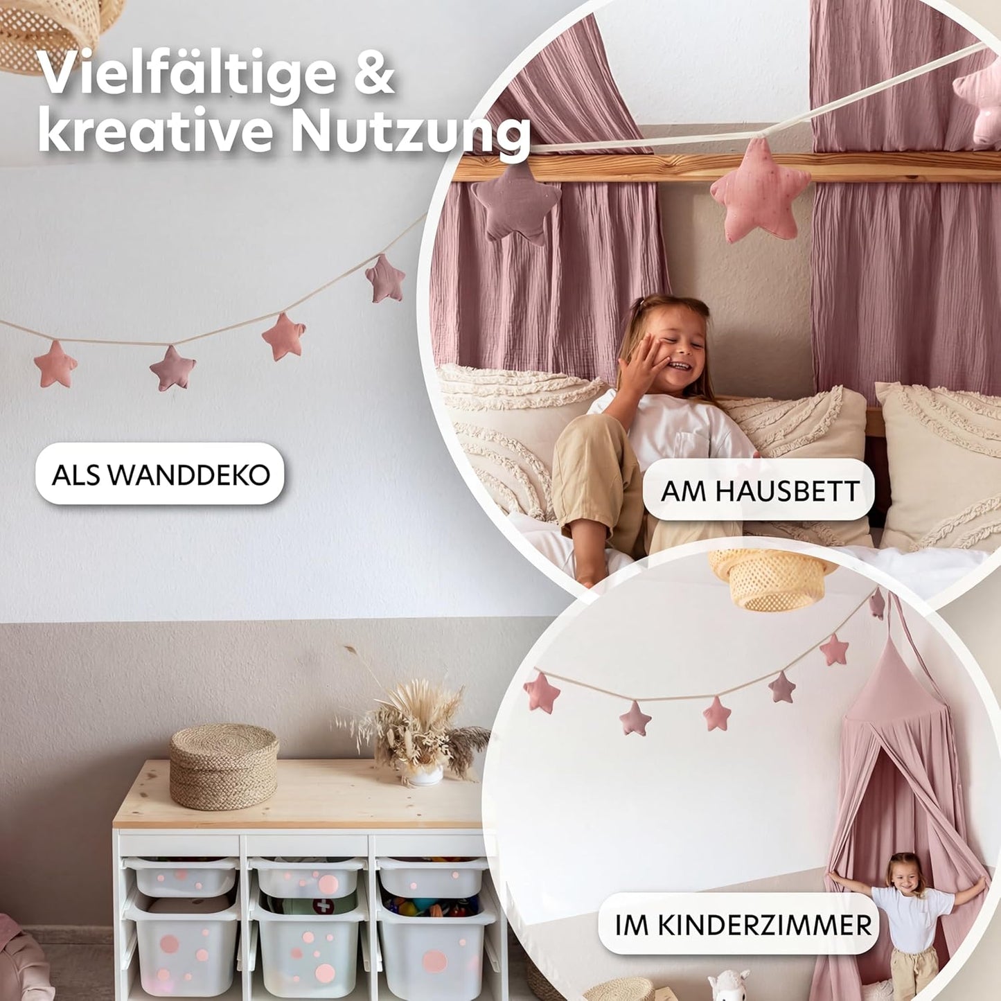Sternenkette mit Goldapplikation, Altrosa & Puderrosa Sterne mit Goldapplikation