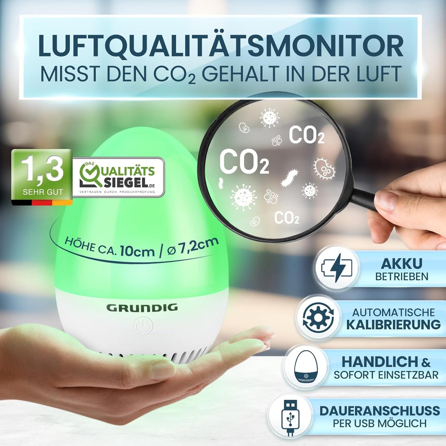 CO2 Messgerät mit Kalibrierungsautomatik & Akku, Modern