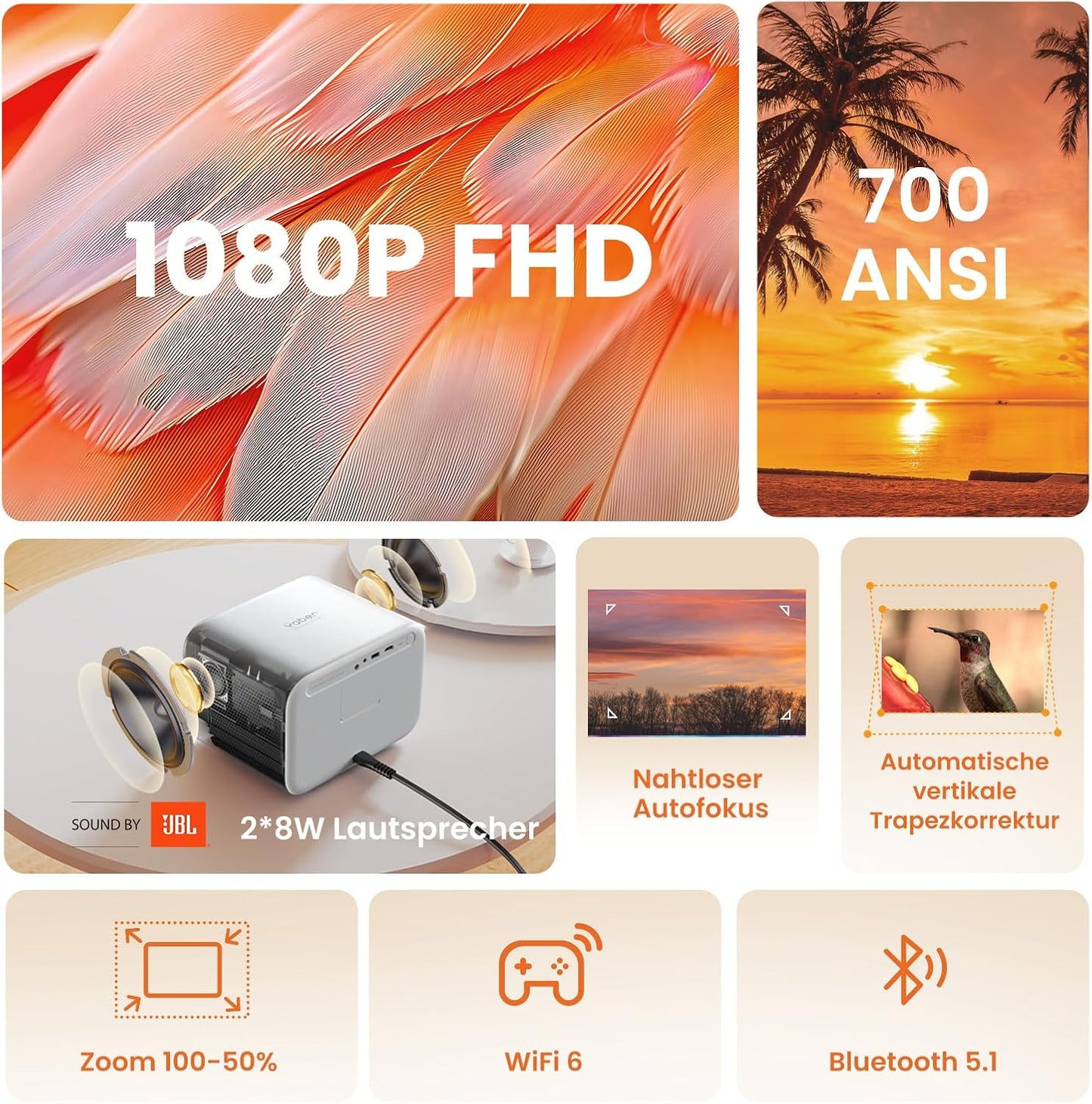 LED Projektor mit Autofokus und WiFi 6, Butterweiss