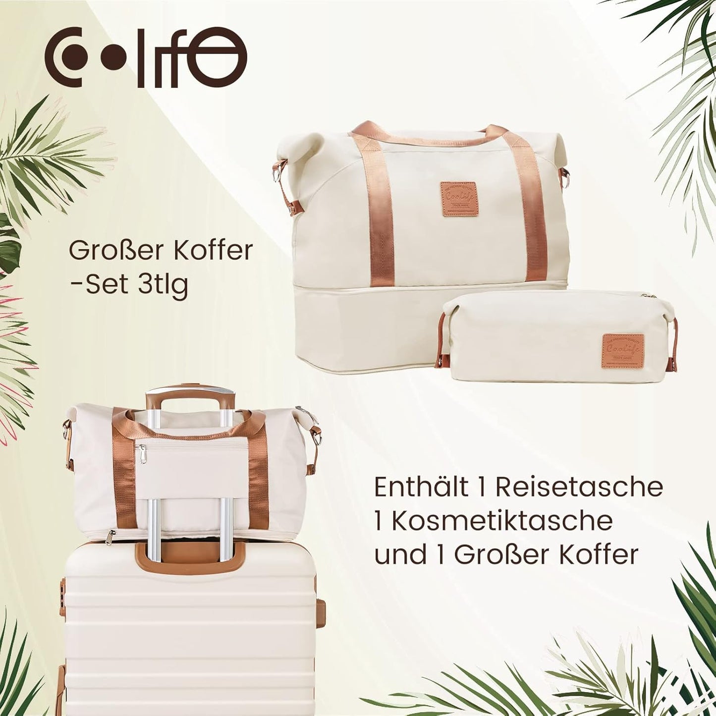3-teiliges Hartschalenkoffer-Set mit TSA-Schloss, Weiss/Braun Grosser Koffer-Set 3tlg