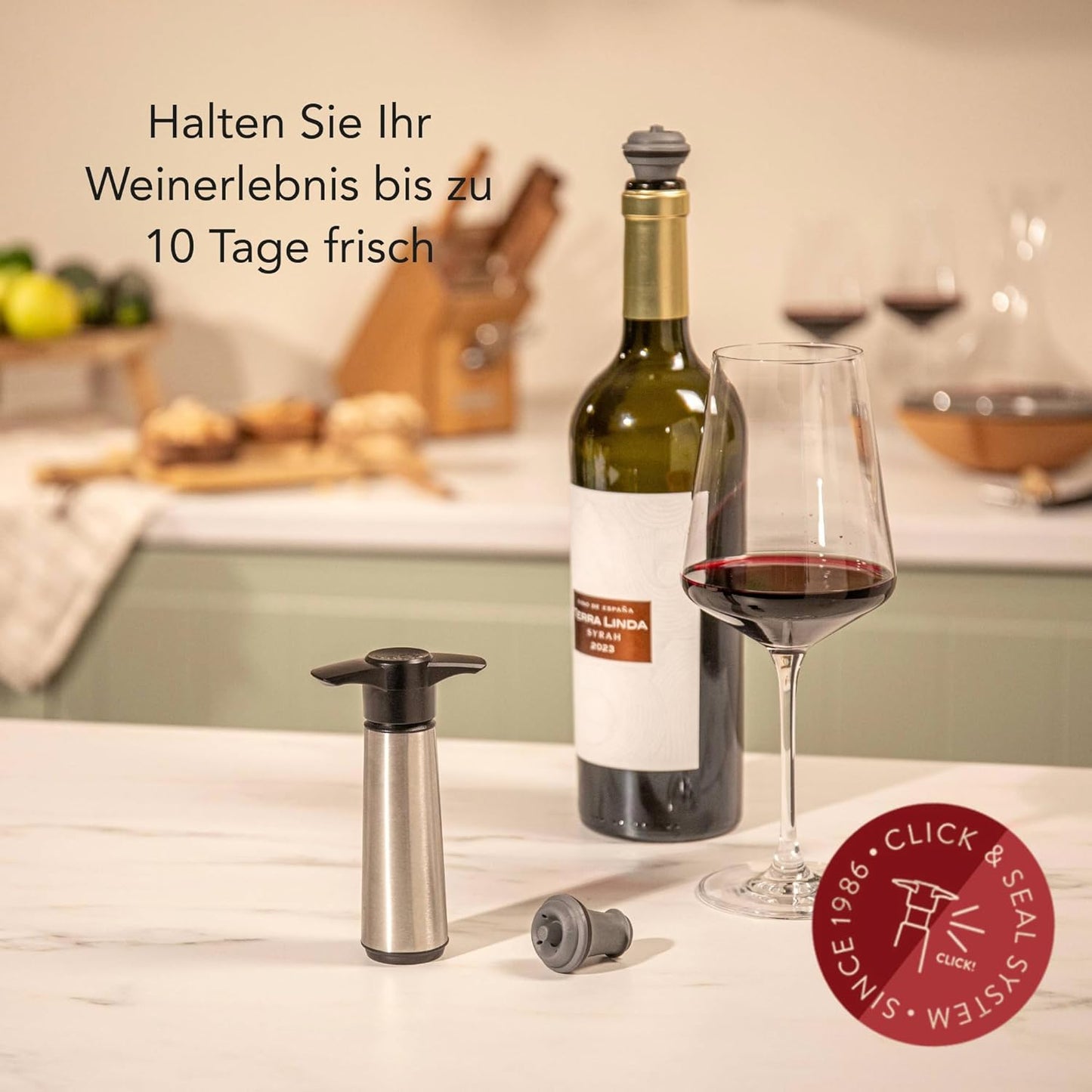 Weinpumpe mit Vakuumstopfen, 2 Stopfen