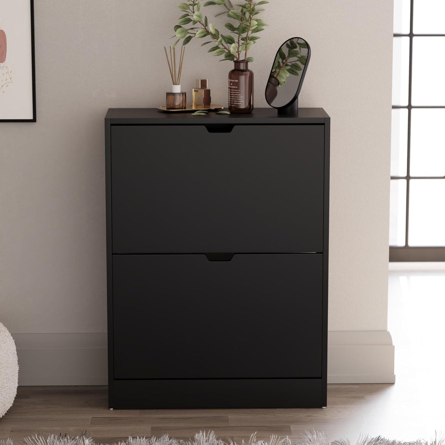 Schuhschrank mit 2 Klappschubladen, Schwarz
