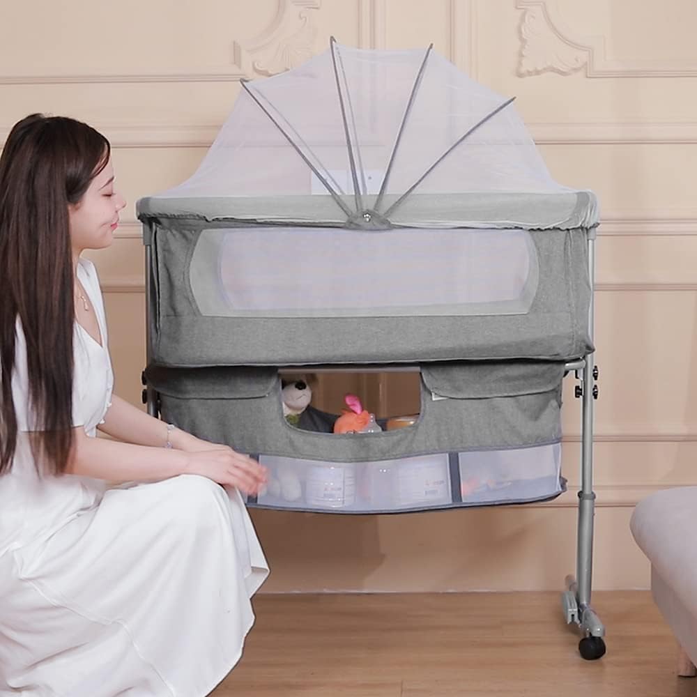 Babybett mit Moskitonetz und Wiegefunktion, 92*58*70-90 Cm(gris Foncé)