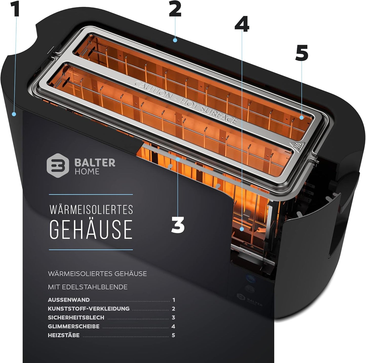 TS-04-BL - Toaster für 4 Scheiben - Langschlitz mit LCD Display, Schwarz