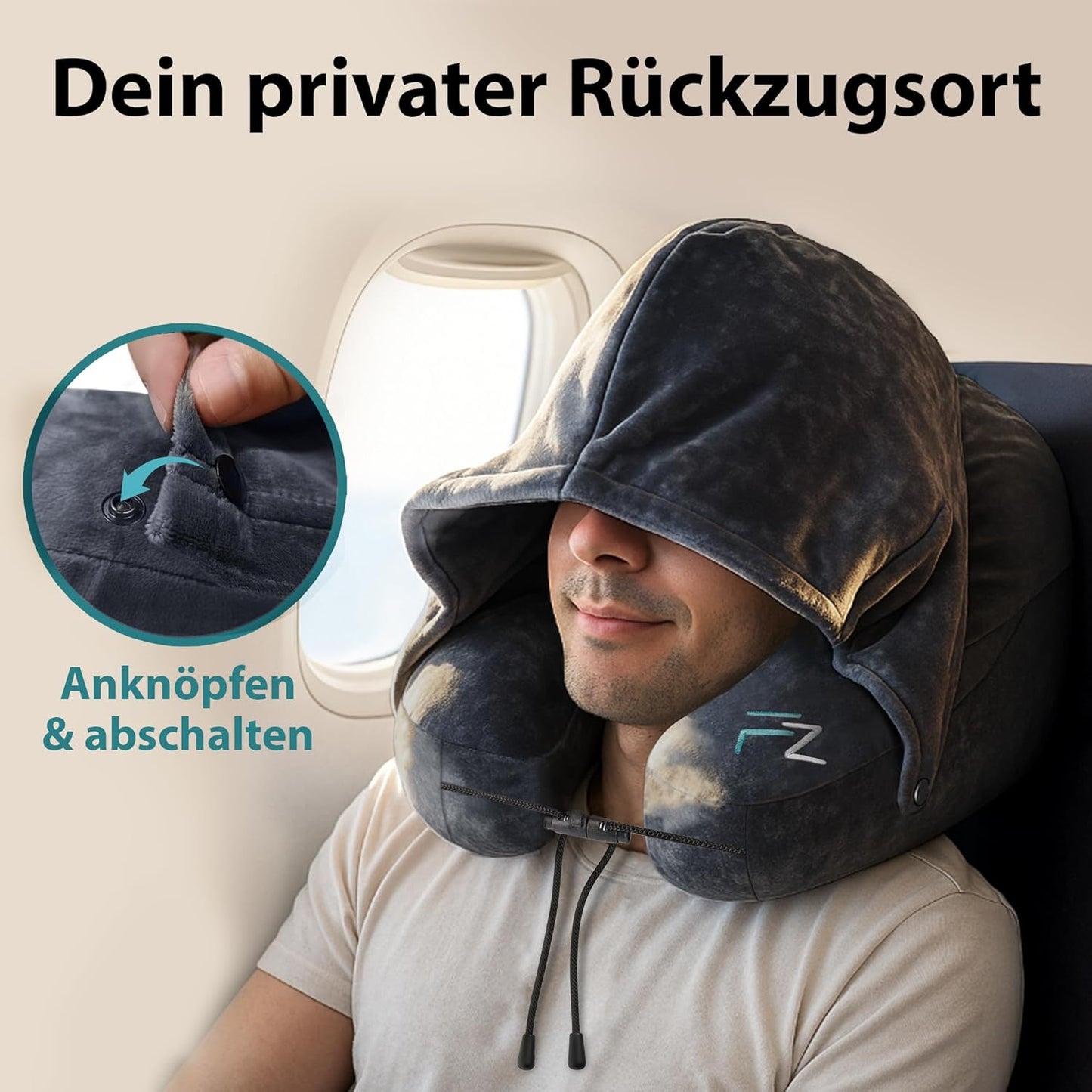 Aufblasbares Nackenkissen mit Kapuze, 4) Schwarz - Grösse M