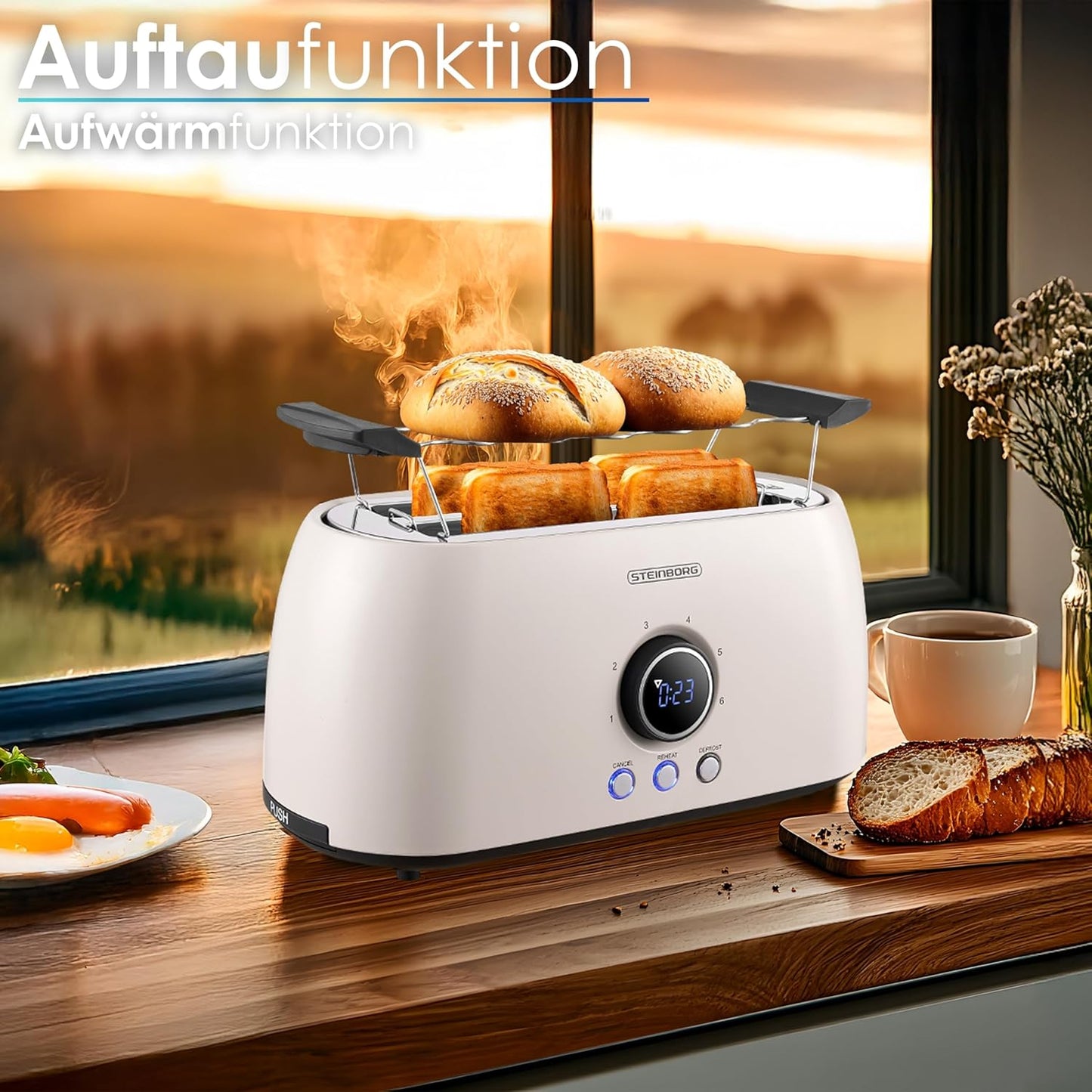 Toaster mit Brötchenaufsatz, 4 Scheiben, LED-Anzeige, Bulgur Beige