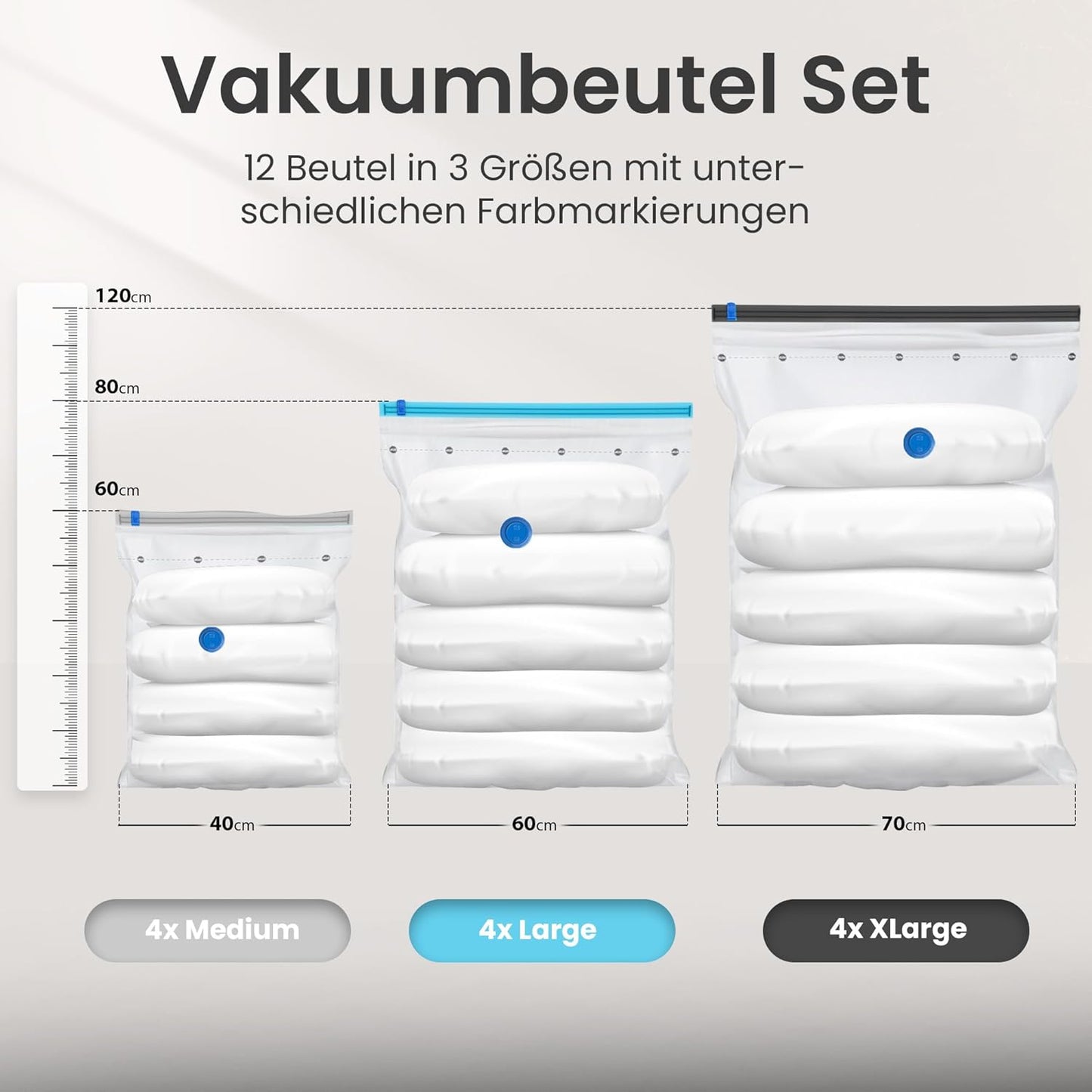 12er-Set Vakuumbeutel für Kleidung, 12 Stück - 3 Grössen