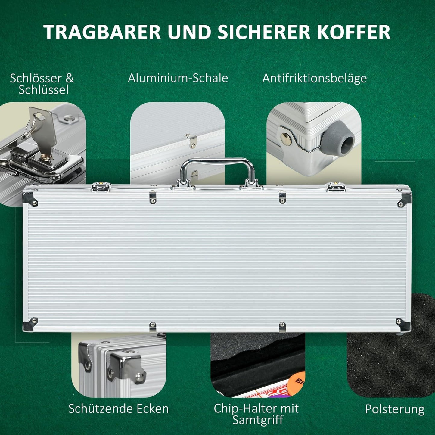 Pokerkoffer mit 500 Chips, 56L x 23,5B x 6,5H cm