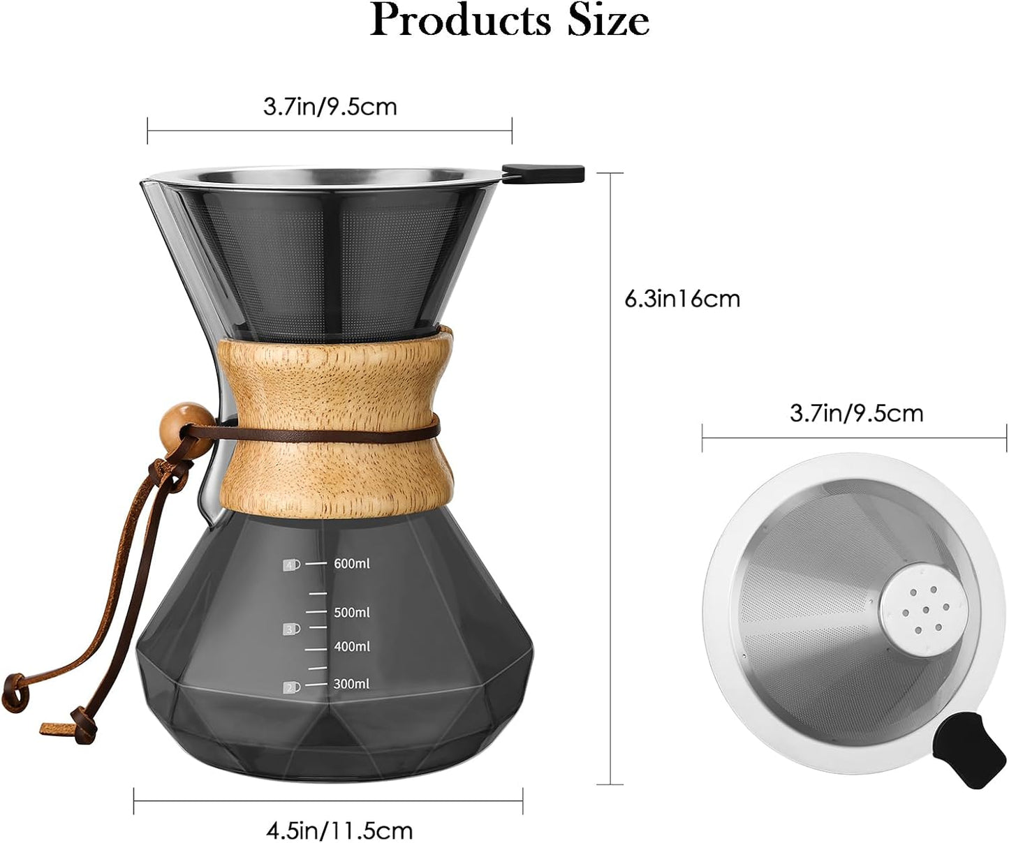 Pour Over Kaffeebereiter mit Edelstahlfilter 600 ml, 600 ml(Steel Filter, Gray)