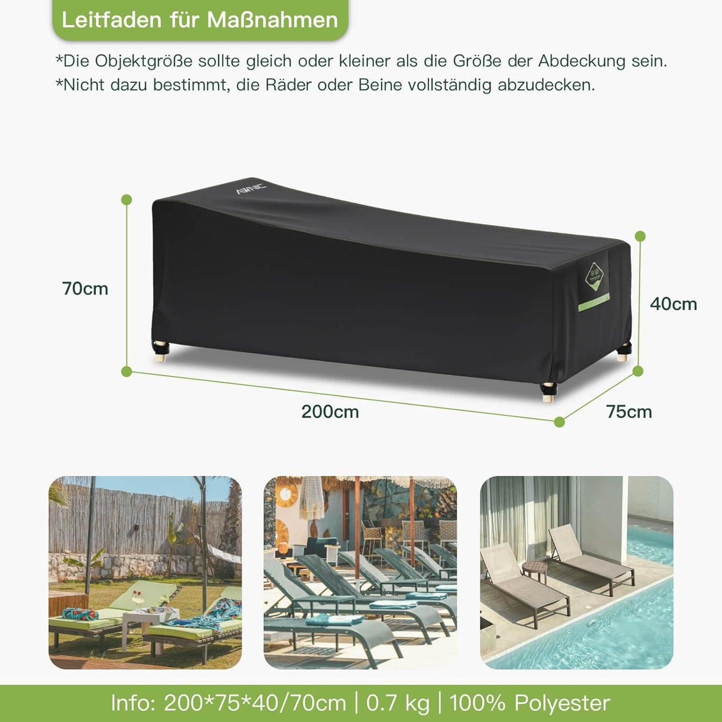 Gartenliege Abdeckung Wasserdicht & Reissfest, Schwarz 200x75x40/70cm 1