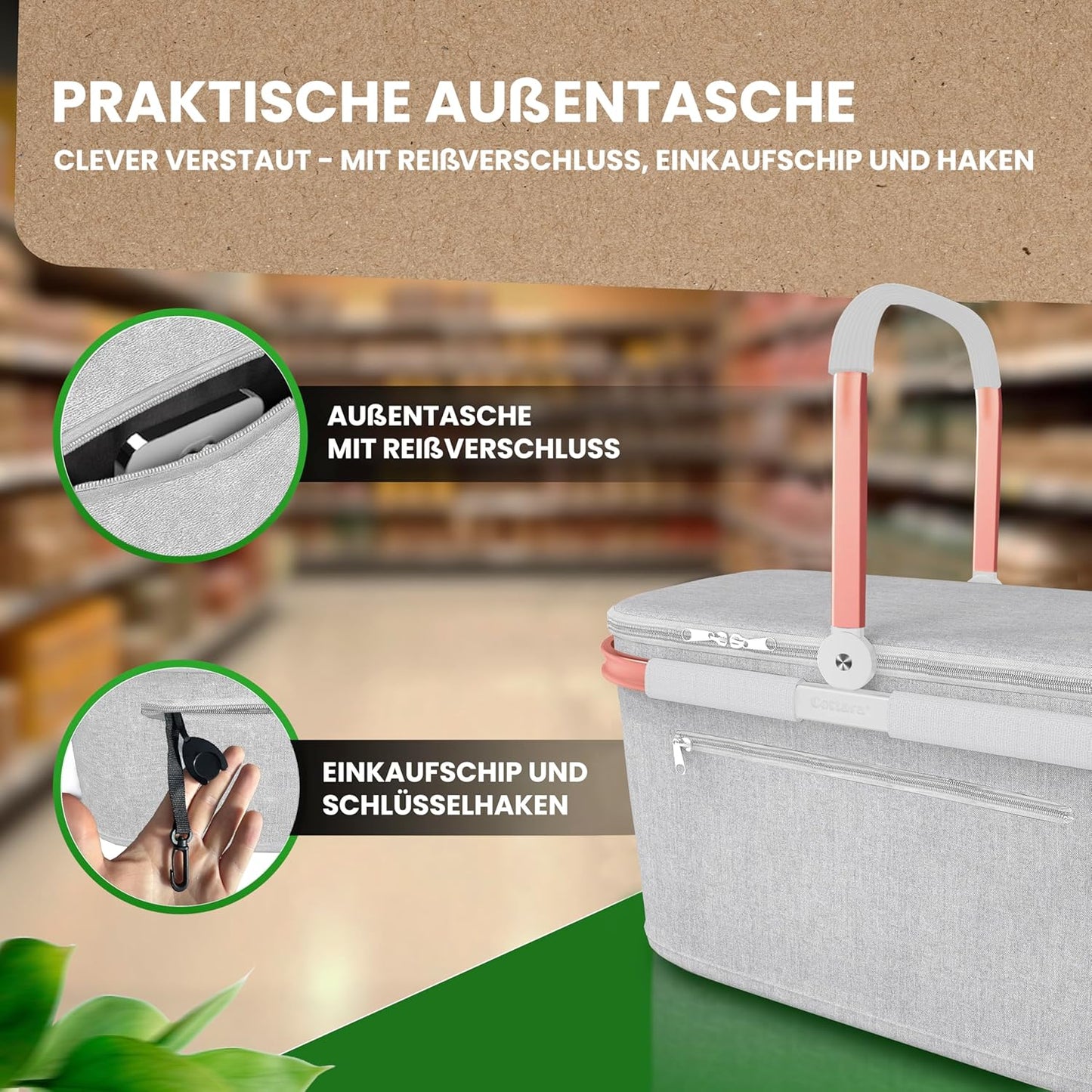 Thermo Einkaufskorb Kühltasche mit Reissverschlussfach, Hellgrau Rose
