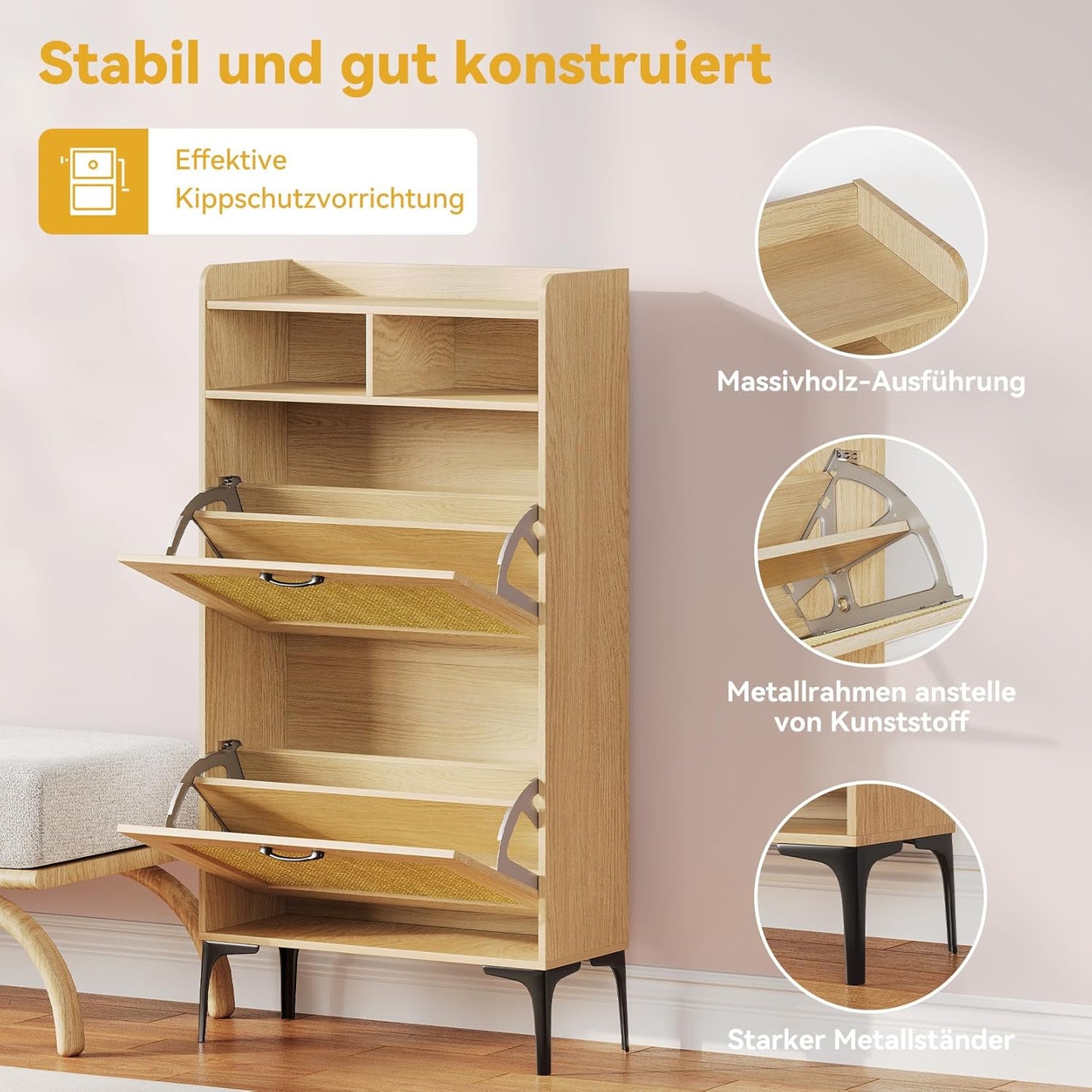 Schuhkipper mit Rattan-Dekor, Eiche 60cm