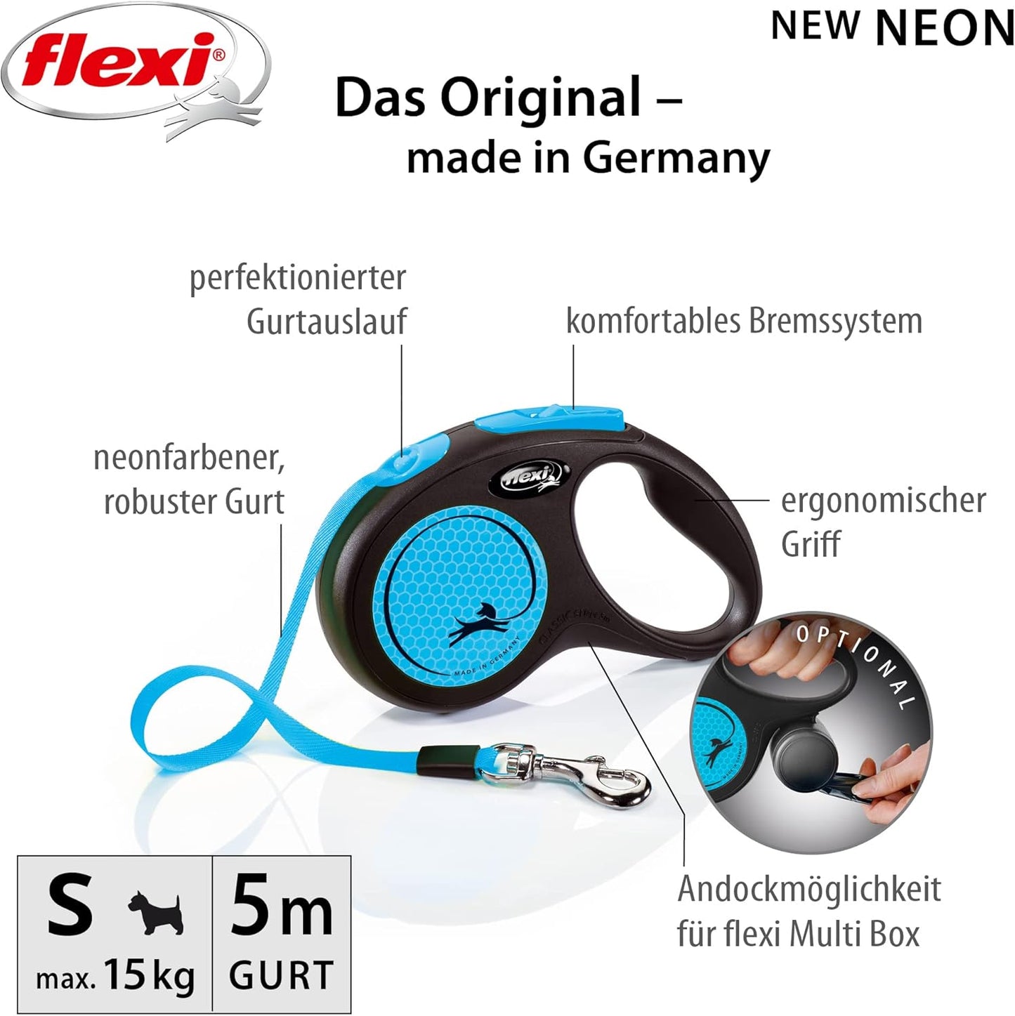 Roll-Leine Neon S für Hunde, S|schwarz/neonblau