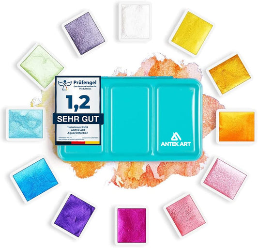12-teiliges Aquarellfarben-Set im Metallkoffer, Metallic Glitzer, 12 Glitzerfarben