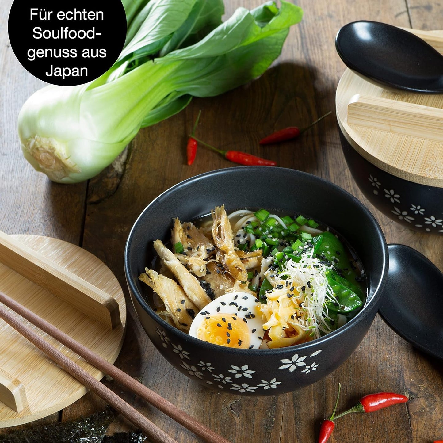 3er-Set Ramen Bowl mit Stäbchen und Löffel, 3x Schale