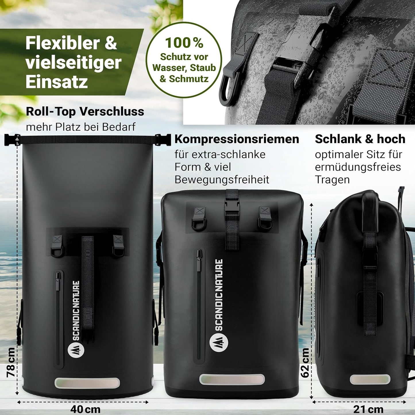 Wasserdichter Rucksack mit Rolltop-Verschluss und Handyhülle, Schwarz 35 Liter
