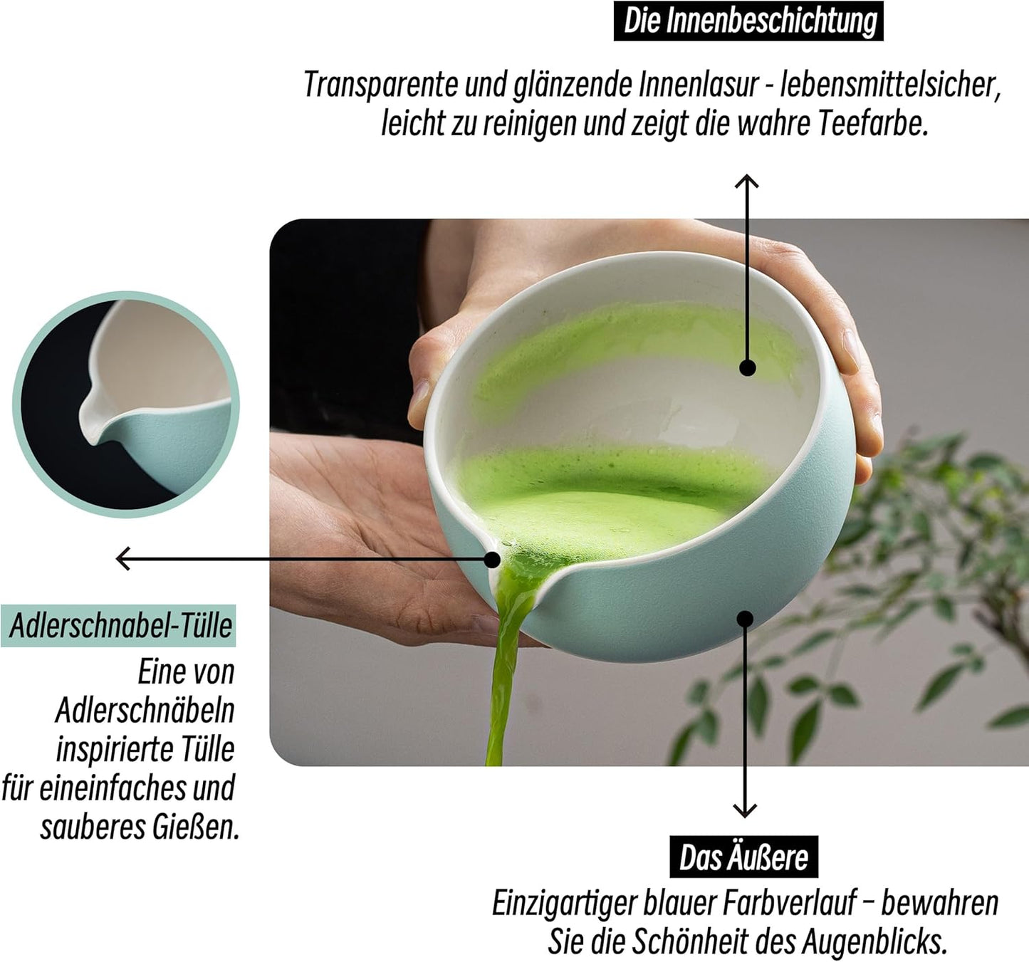 Matcha-Schüssel mit Schneebesenhalter, Farbverlauf Blau