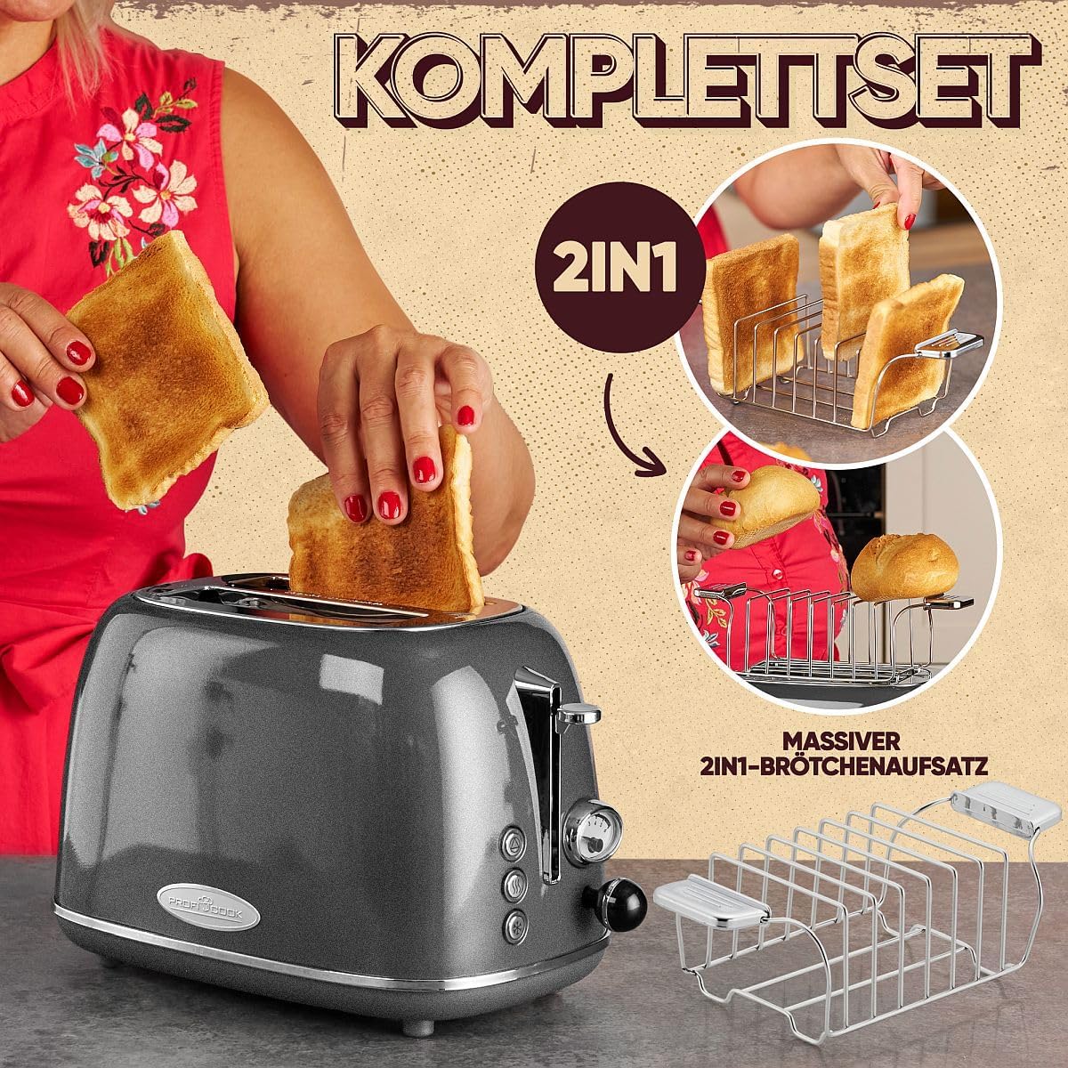 2-Scheiben-Toaster im Vintage-Look mit Brötchenaufsatz