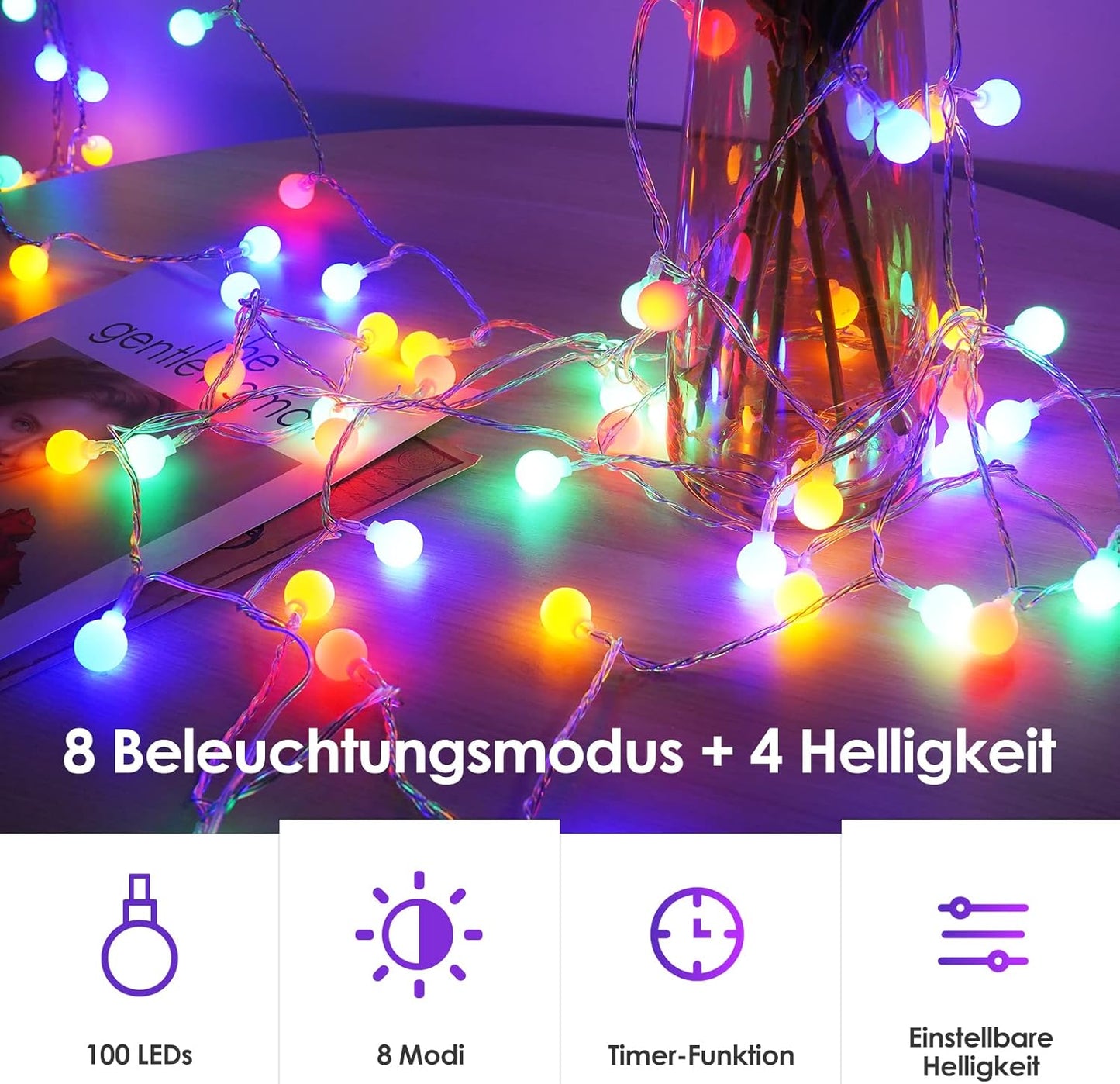 LED-Lichterkette mit Fernbedienung (100 LEDs, 13m), Bunt 13M